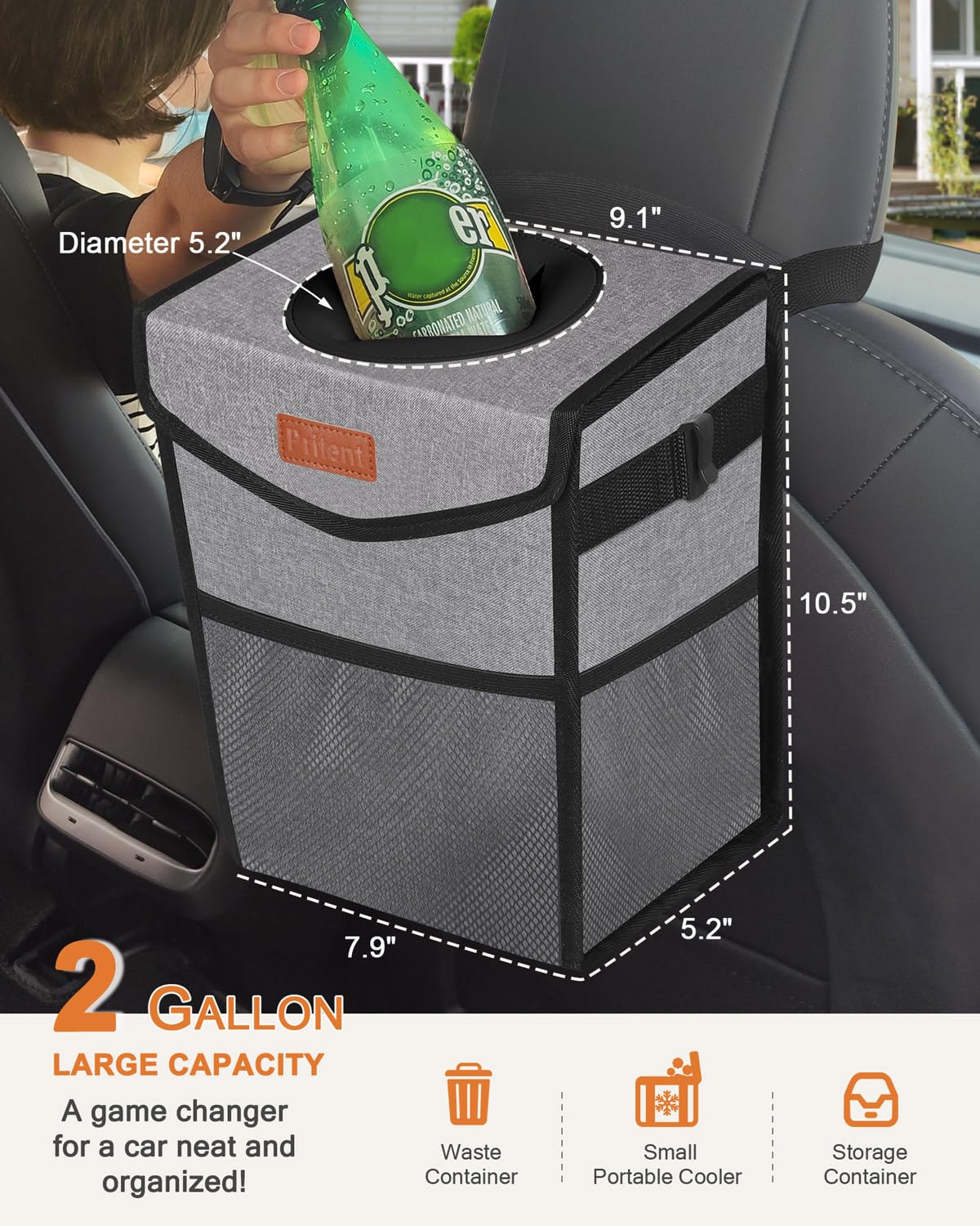 Pritent car trash can with lid in grey, side view highlighting lid and size