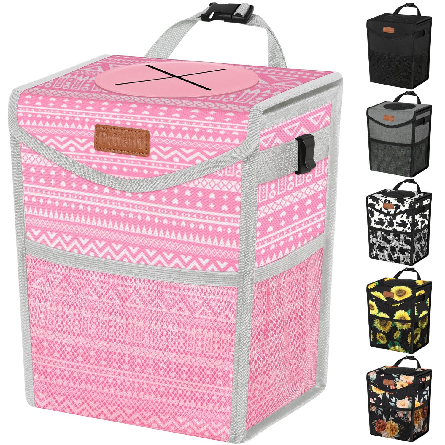 Pritent car trash can with pink lid print for a tidy car interior.