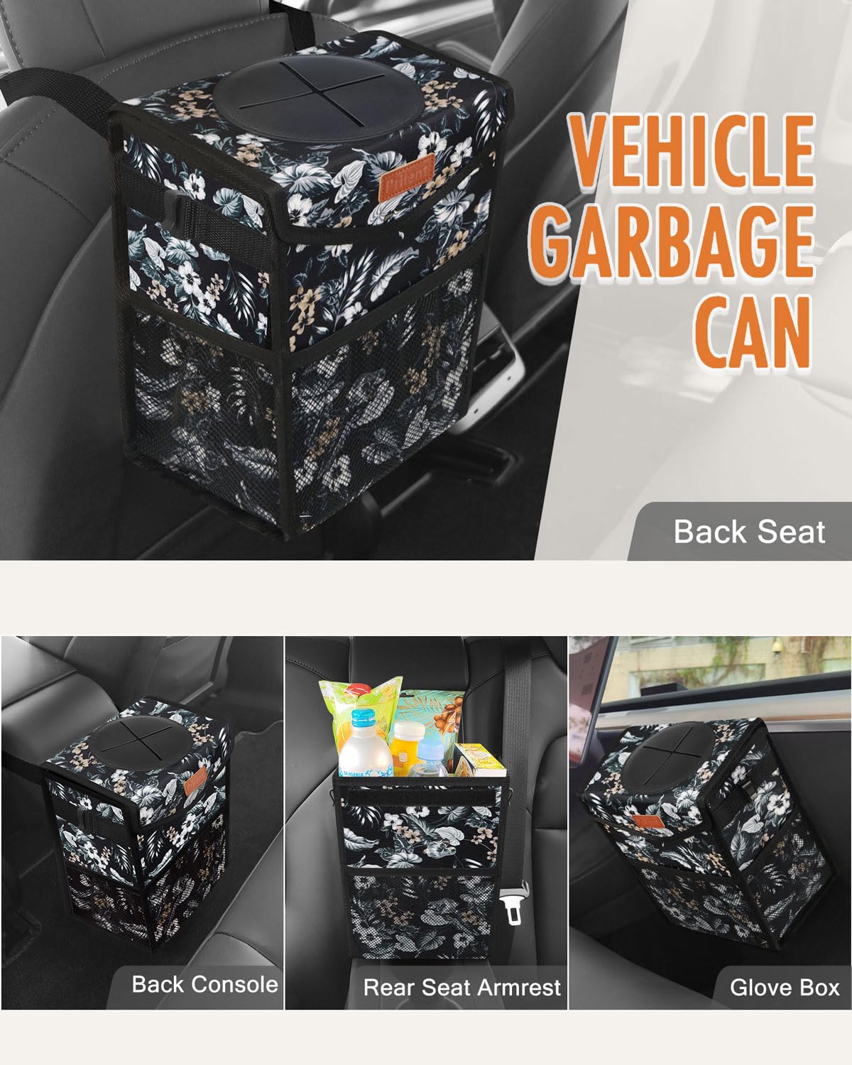 Mesh pockets on Pritent trash can hold tissues and wipes within reach.