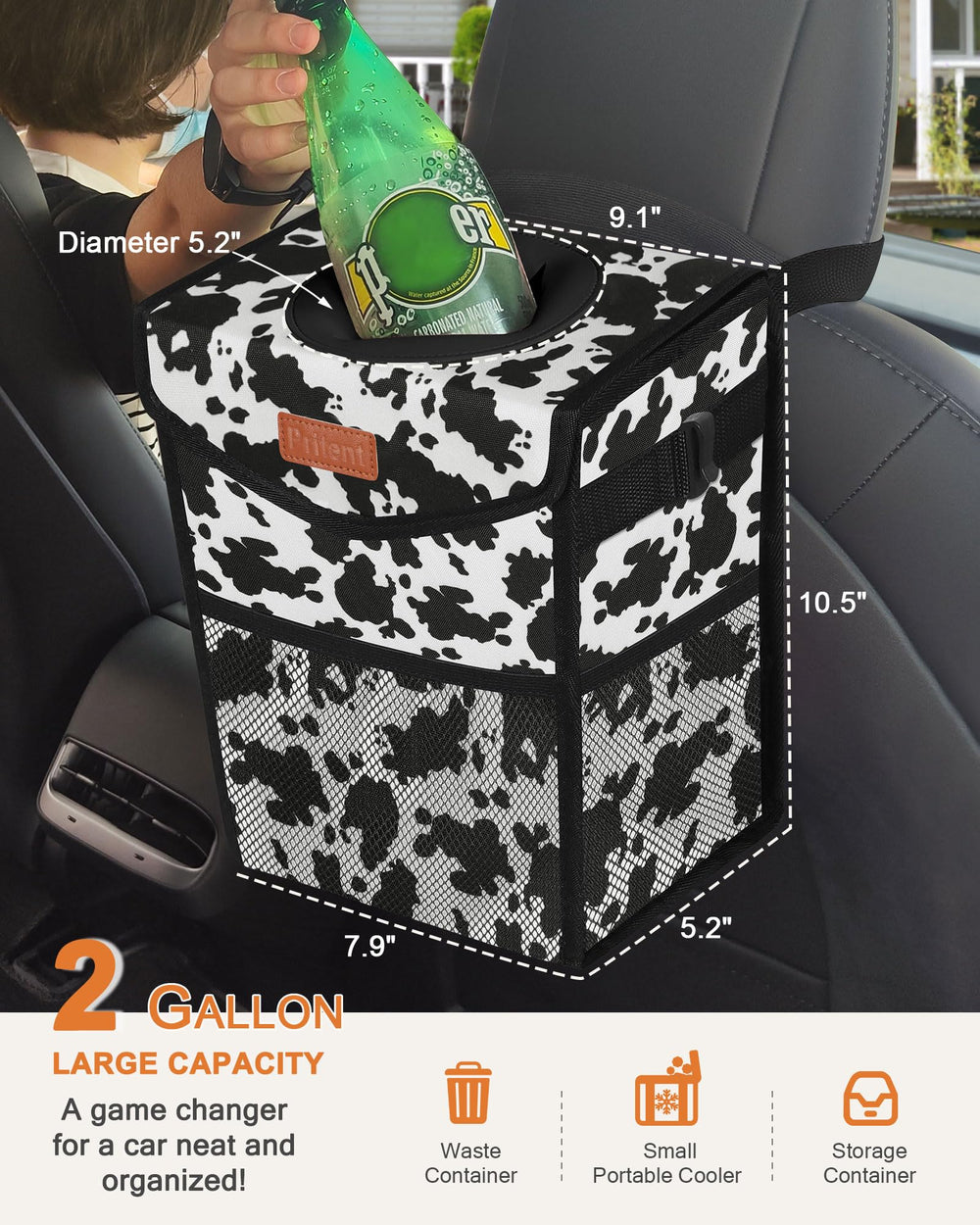 Pritent car trash can with leakproof PEVA lining prevents spills during trips.