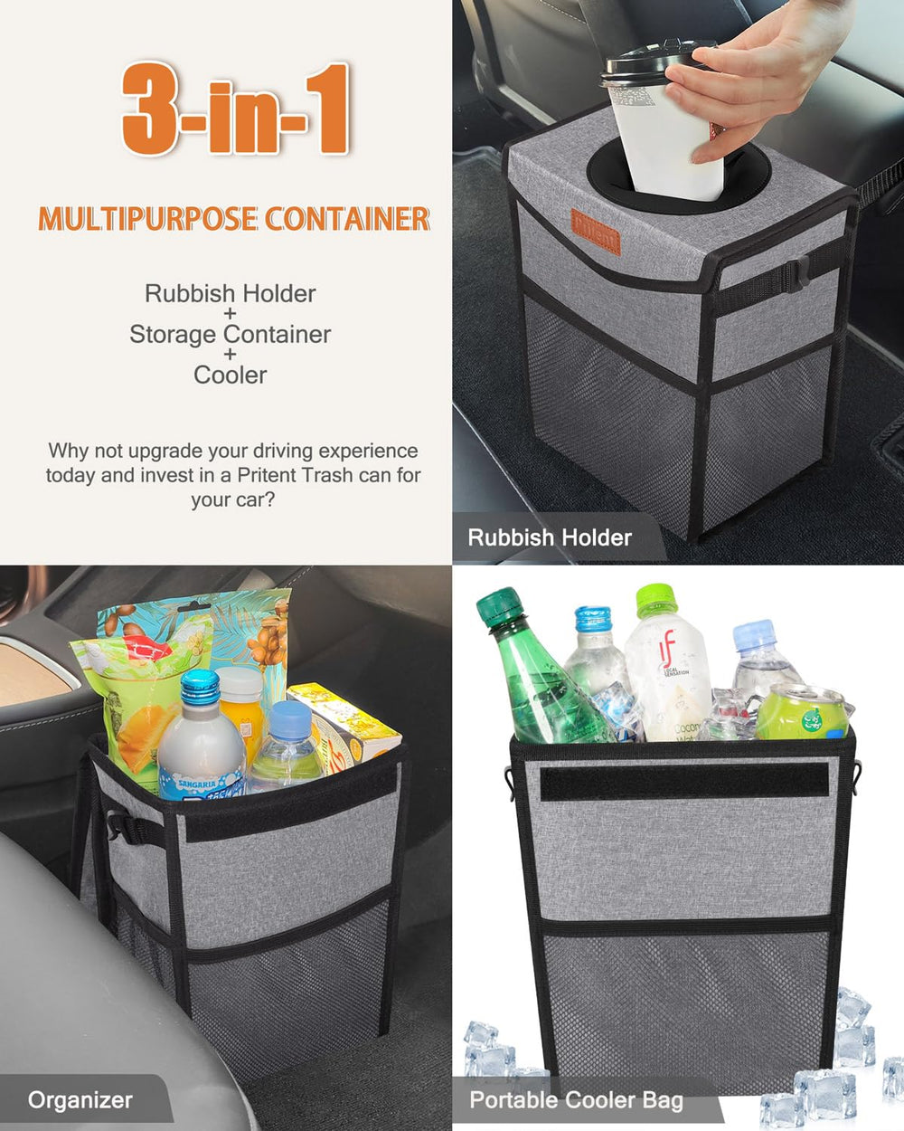Pritent trapezoid garbage bin mounted under a car seat with hooks
