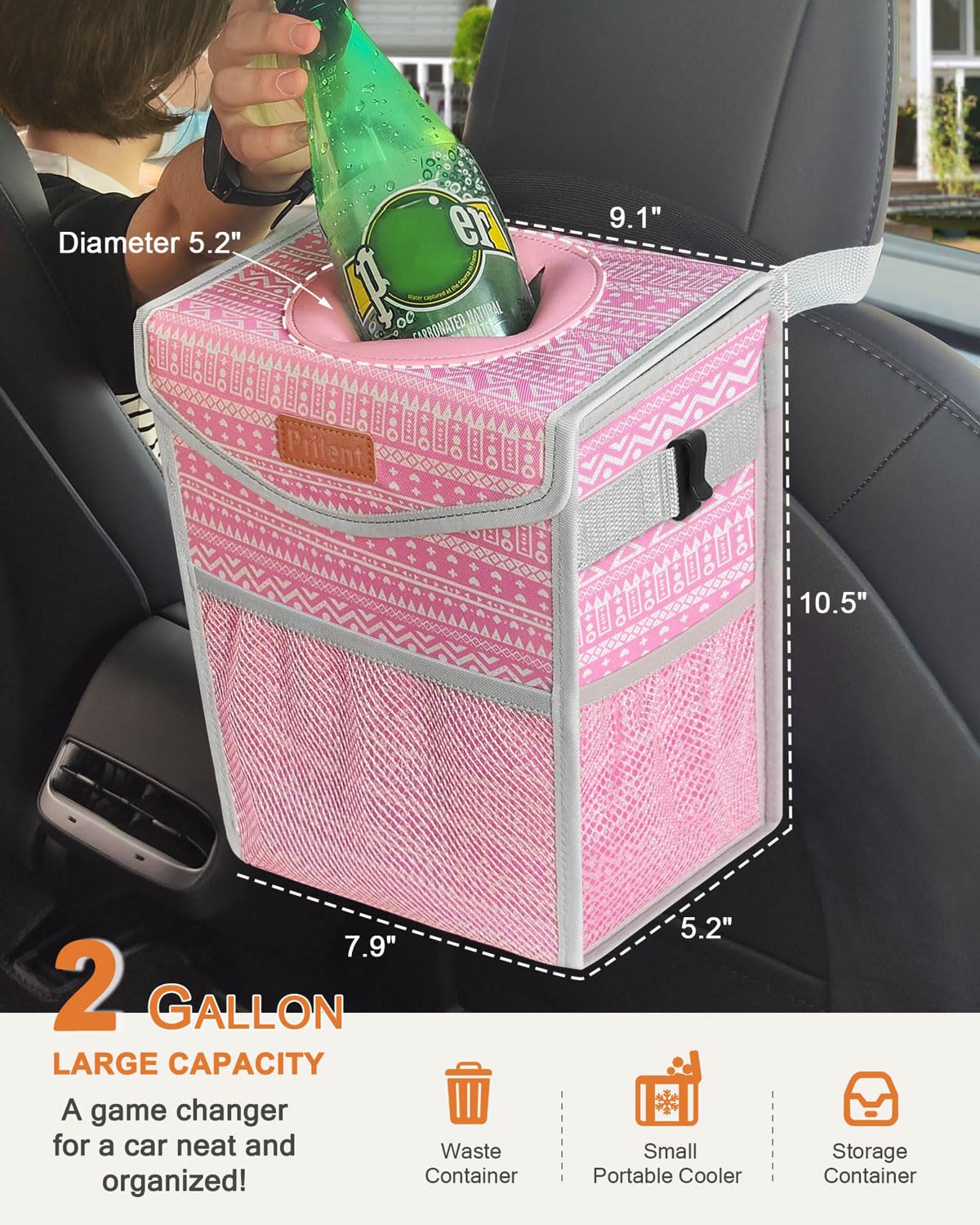 Pritent trash can trapezoid shape in pink reinforces compact storage.