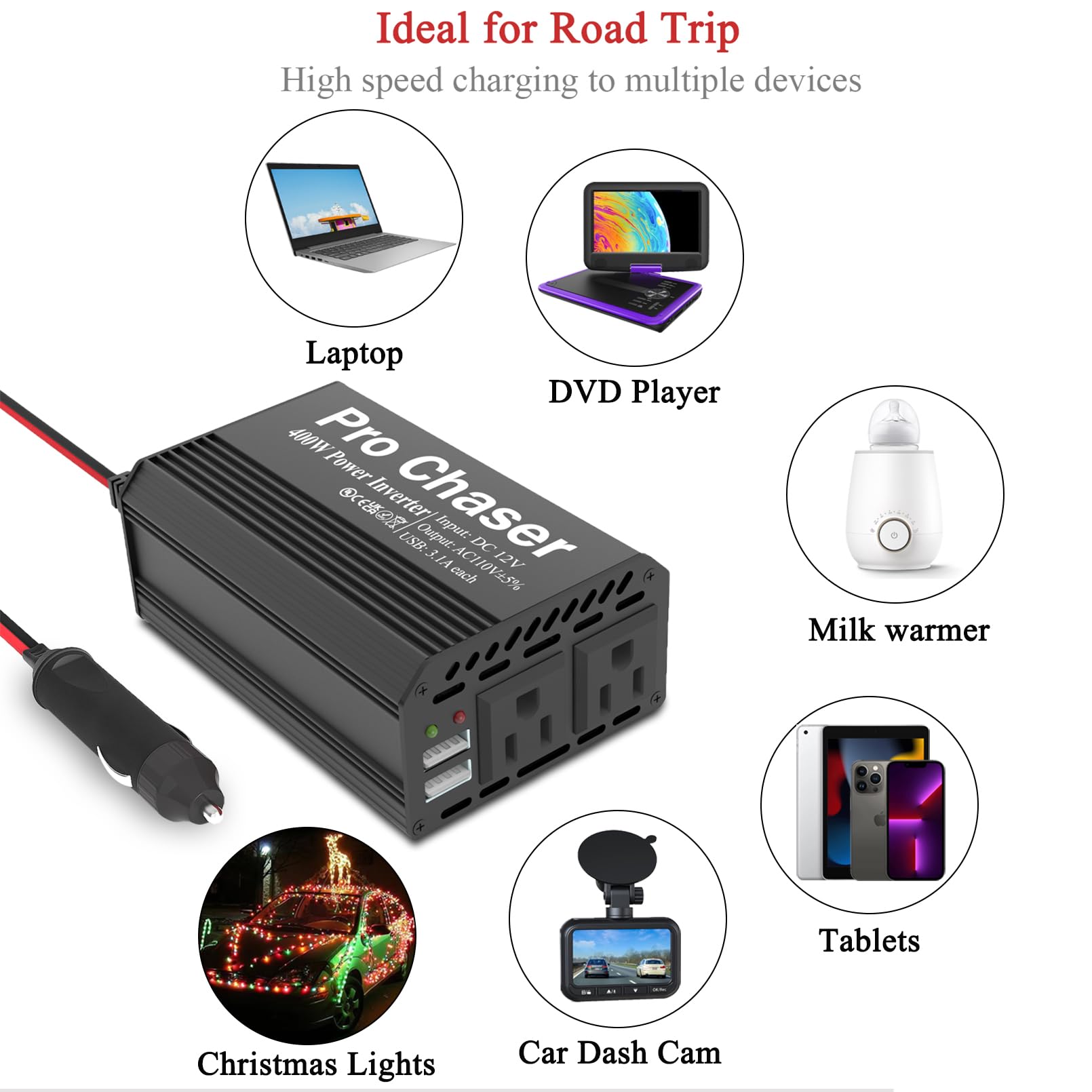 Pro Chaser 400W inverter 30-inch cord extends reach for car setups