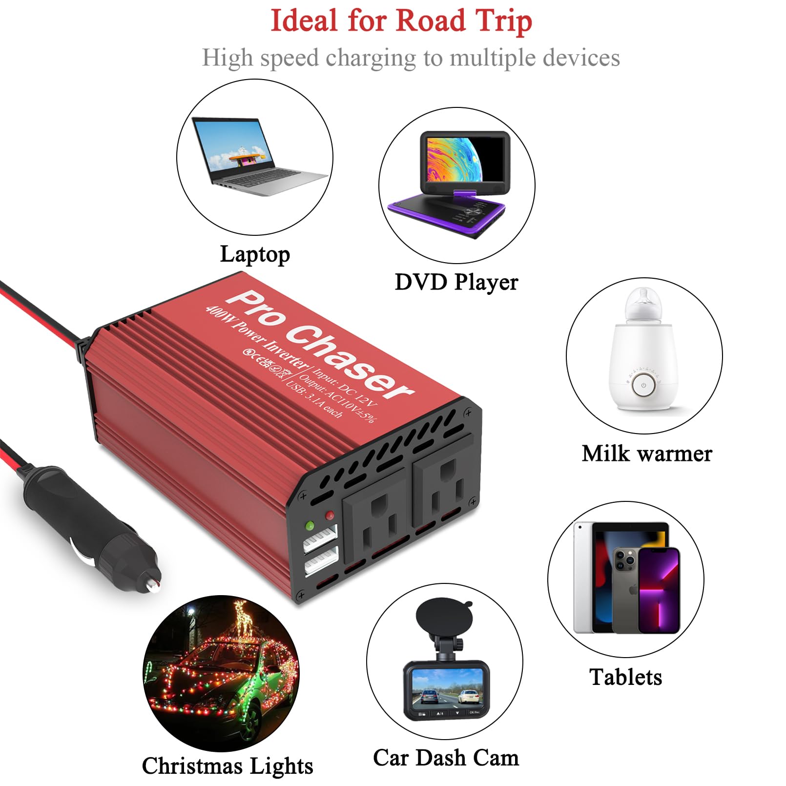 Pro Chaser 400W inverter compact design fits in any vehicle setup.