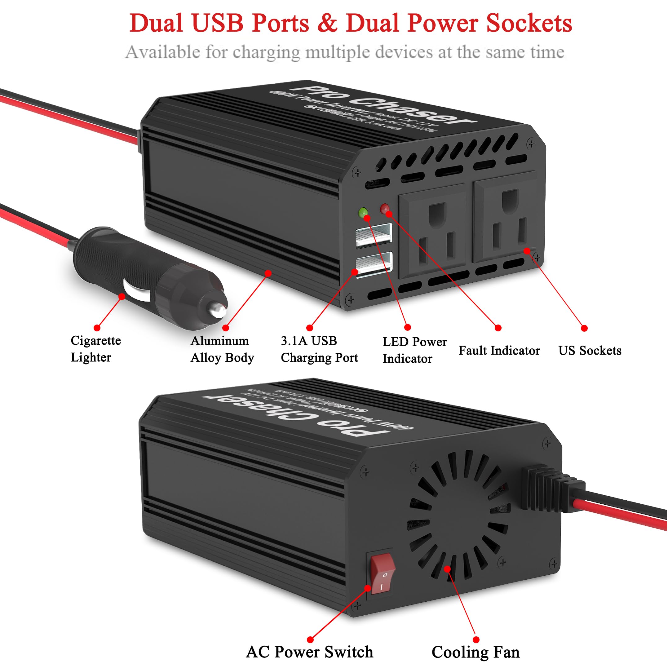 Pro Chaser 400W inverter compact travel design fits in a vehicle