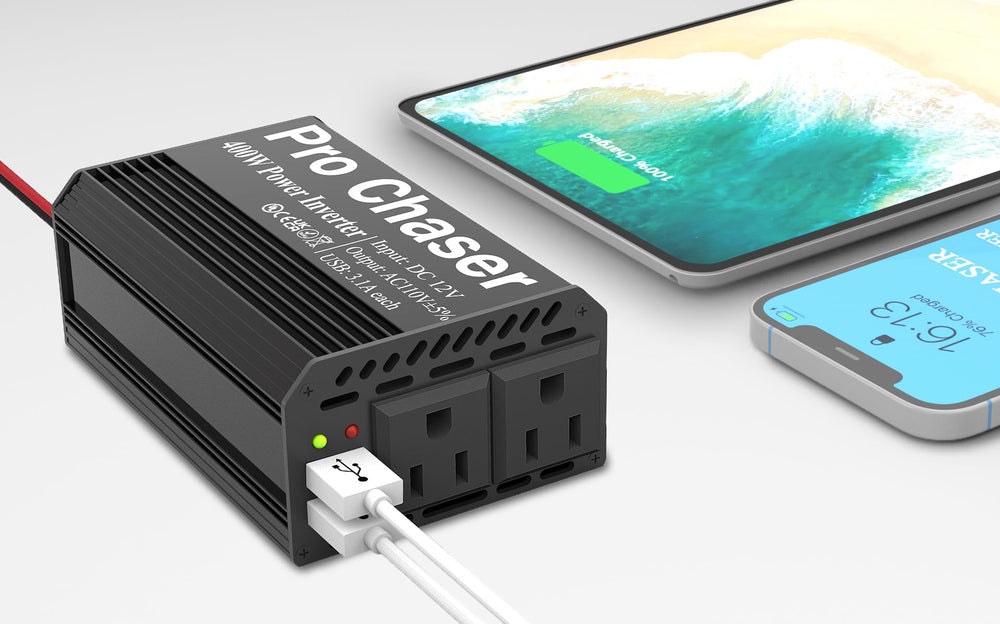 Pro Chaser 400W inverter connected to car lighter port during travel
