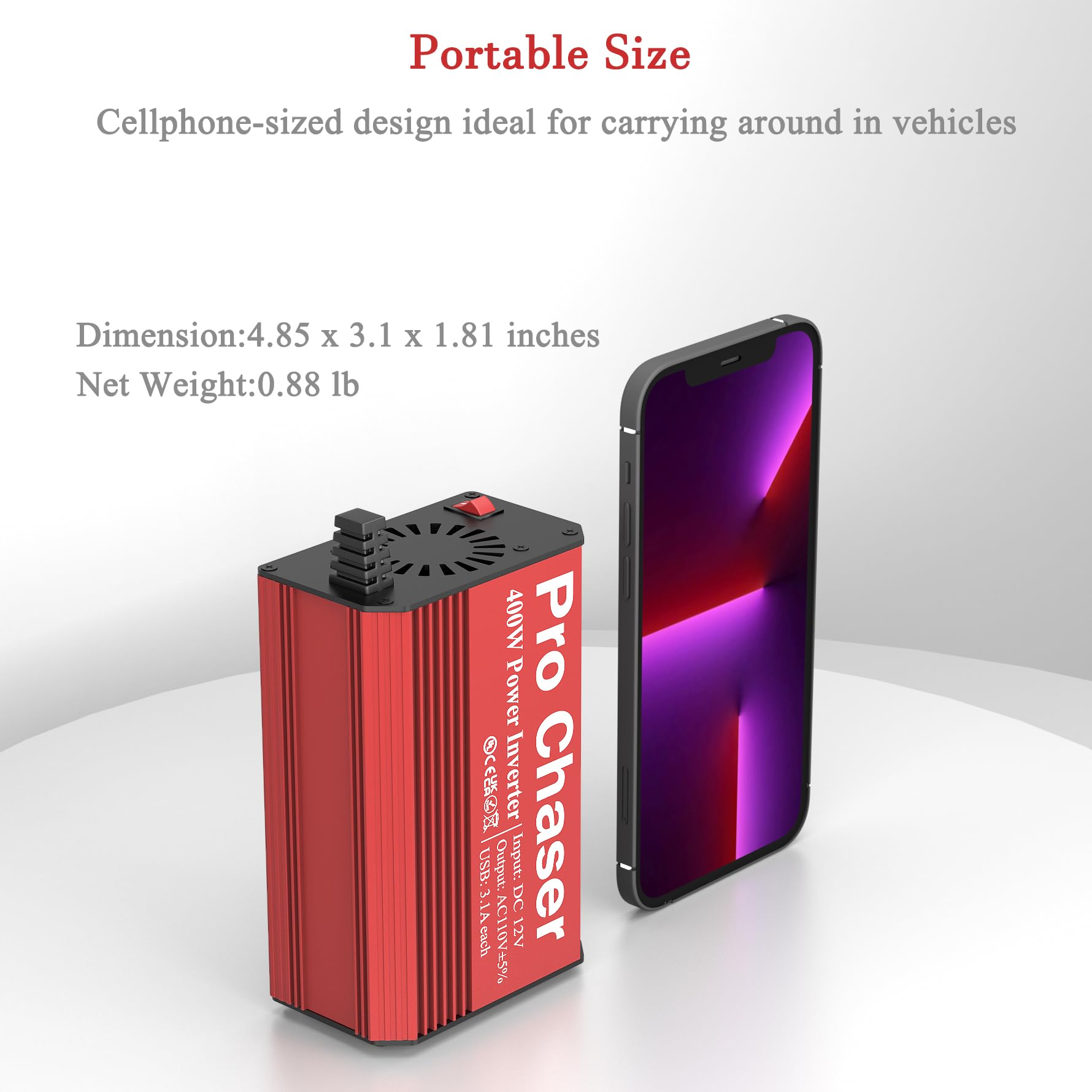 Pro Chaser 400W inverter USB Type-C adapters included for modern devices.