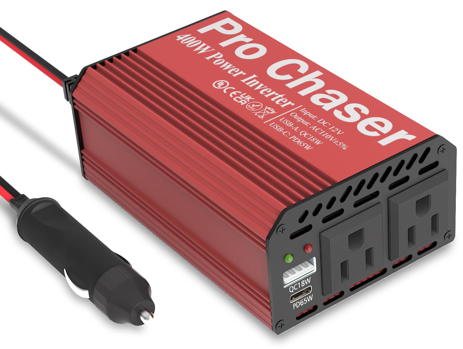 Pro Chaser inverter with dual 110V outlets for vehicles.
