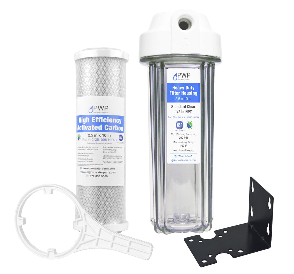 Pro Water Parts clear RV filter housing with 5-micron carbon filter for clearer RV water