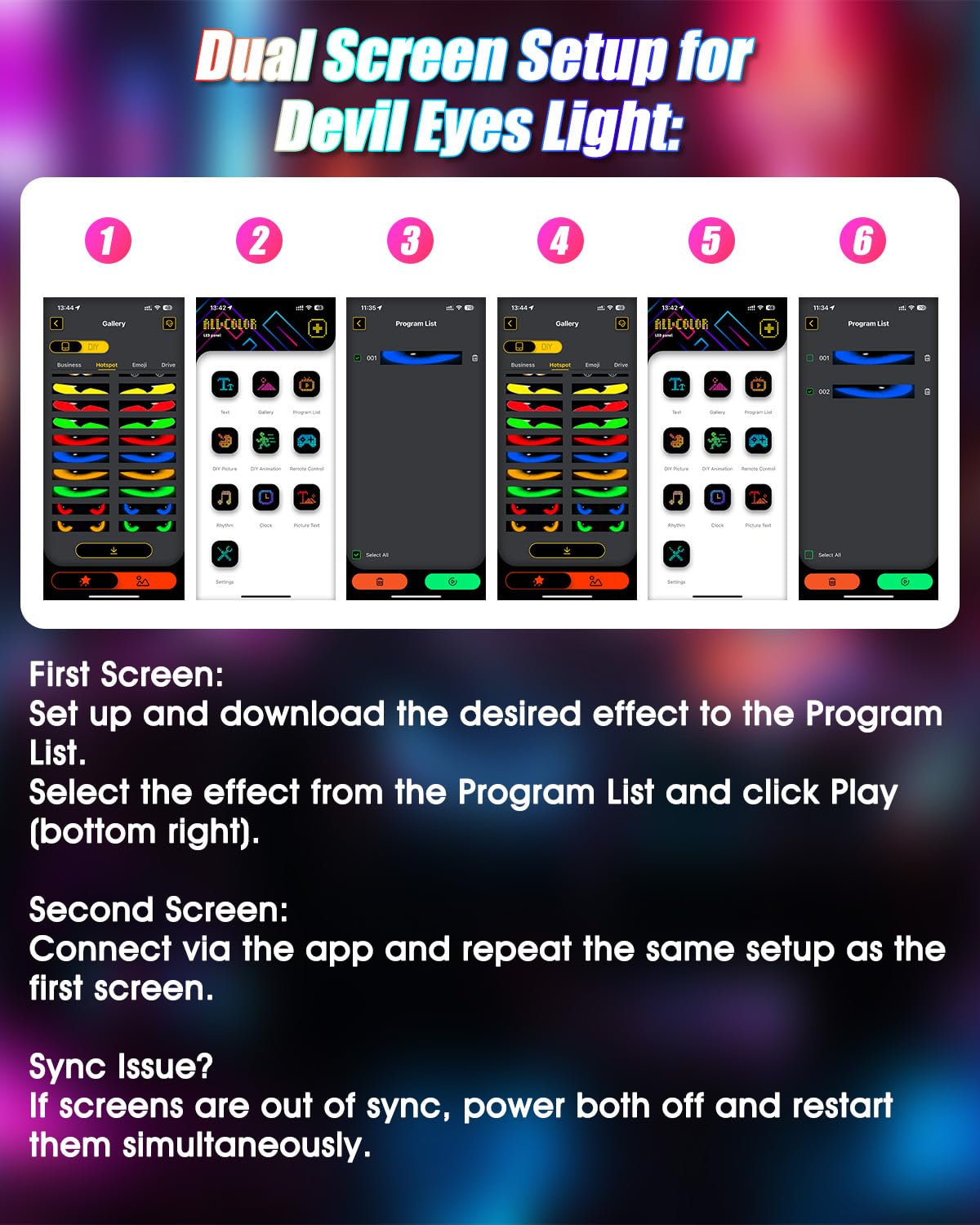 Configuration menu of Probapro Devil Eyes Light with brightness, color, and speed options