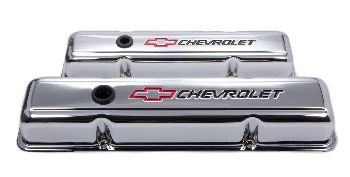 ProForm 141-899 SBC chrome valve cover front view for Chevy small block engines, enhances engine aesthetics.