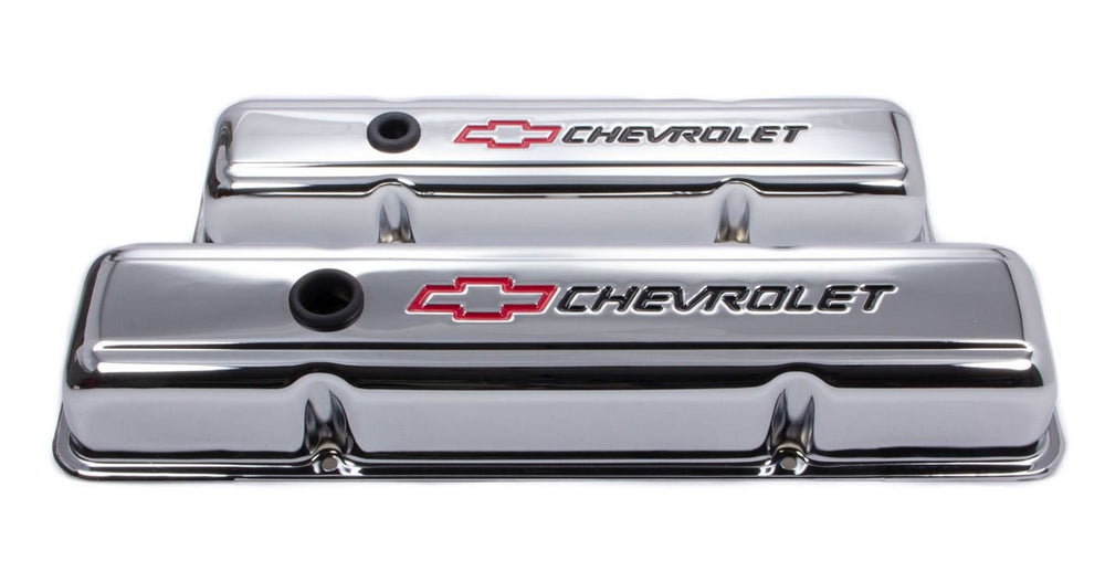 ProForm 141-899 SBC chrome valve cover front view for Chevy small block engines, enhances engine aesthetics.