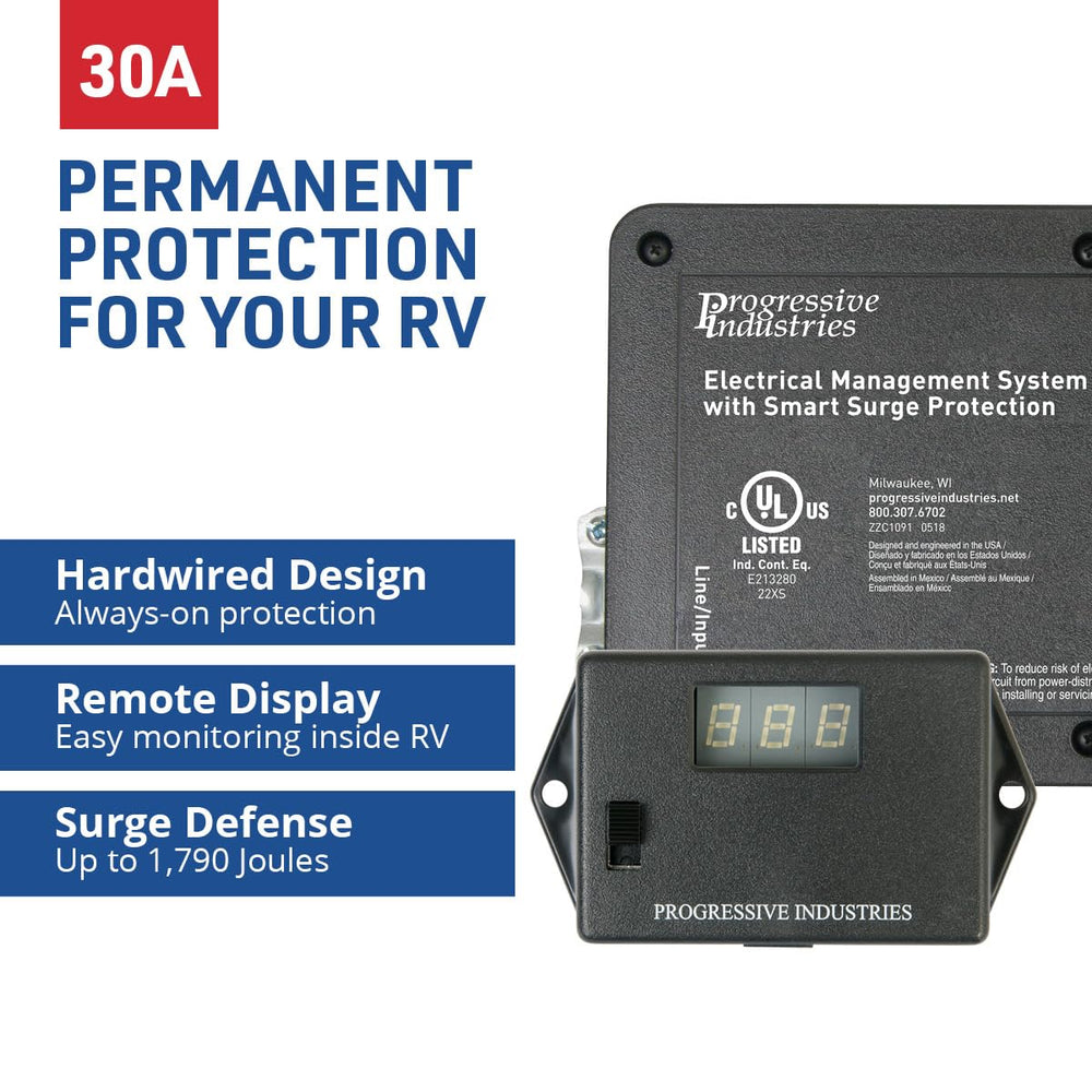 EMS-HW30C 30-amp 120V surge protector highlighting capacity at RV sites