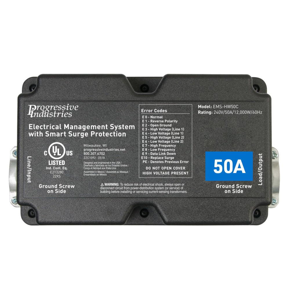 Progressive Industries EMS-HW50C mounted outdoors protects RV electronics from surges