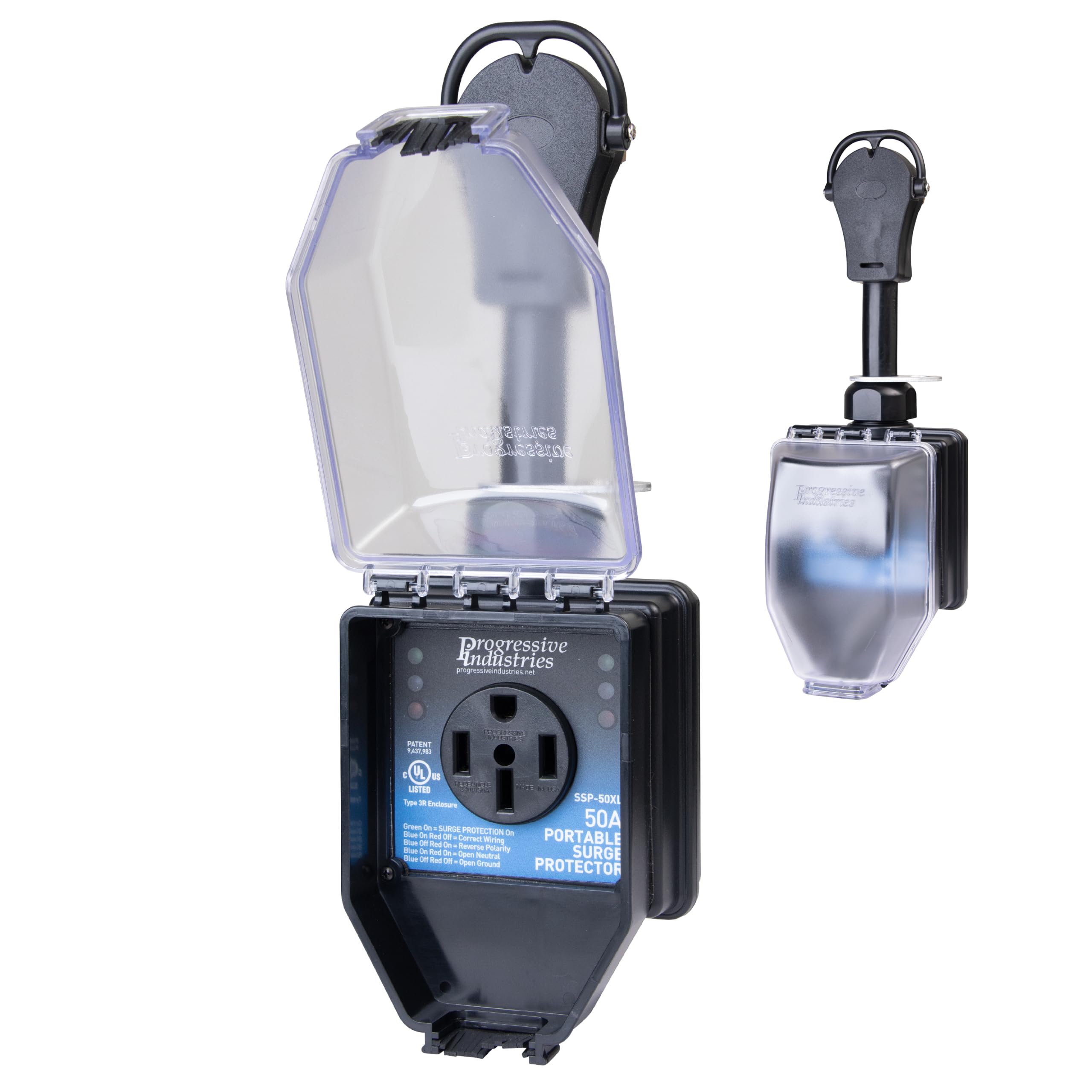 Progressive Industries SSP-50XL portable RV surge protector front view for outdoor use.
