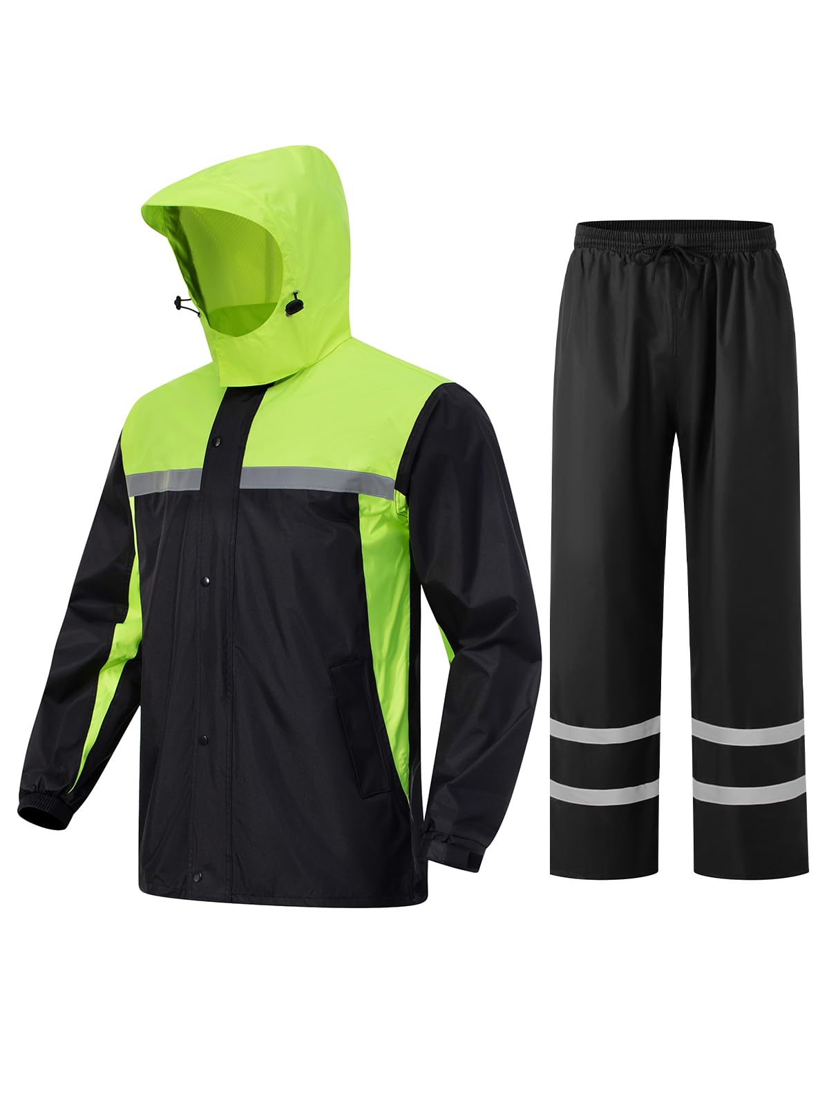 ProHydra rain suit front view with reflective stripes enhances visibility in wet weather.