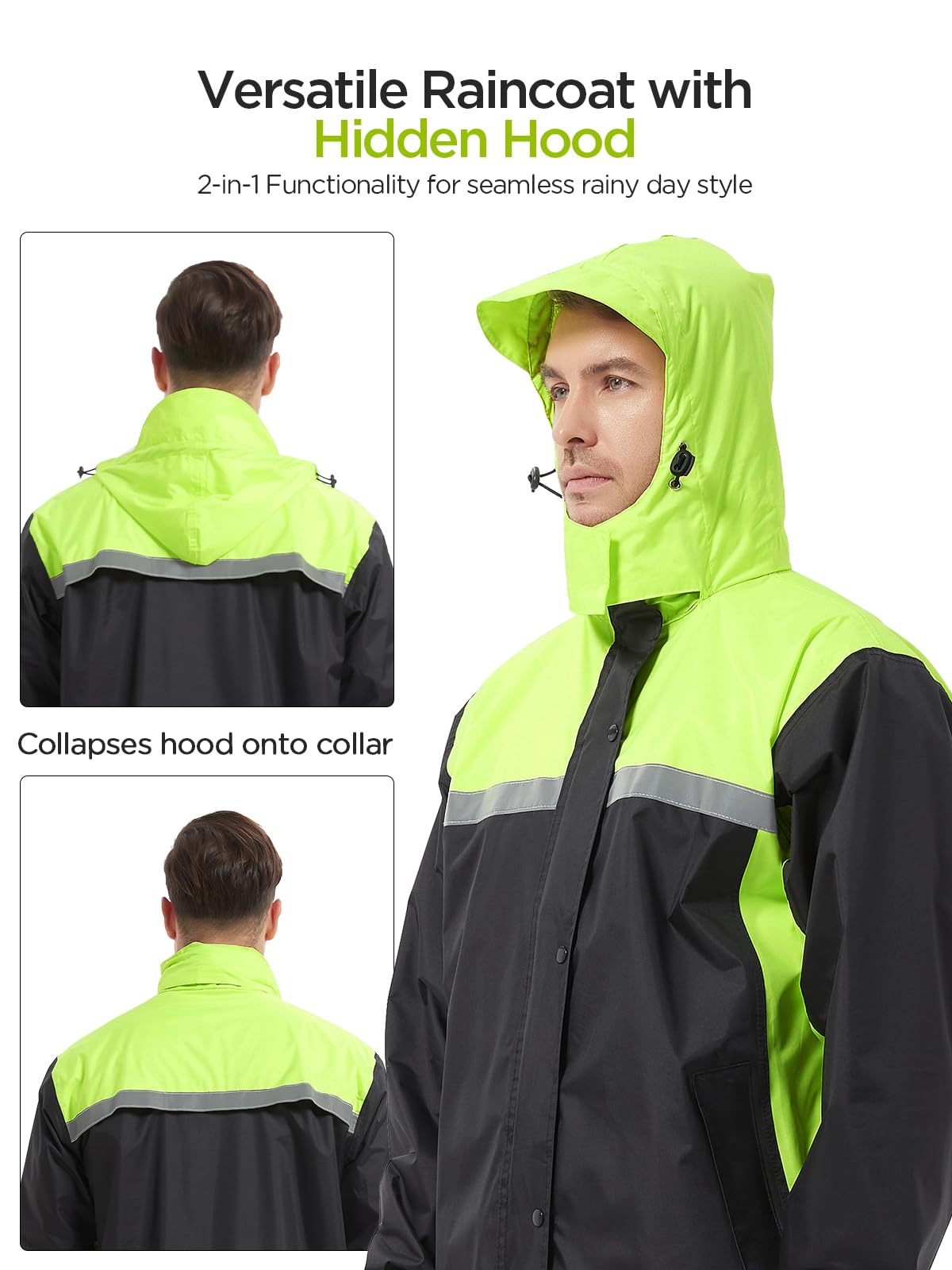 ProHydra rain suit hood stowaway with visor protects face when needed.