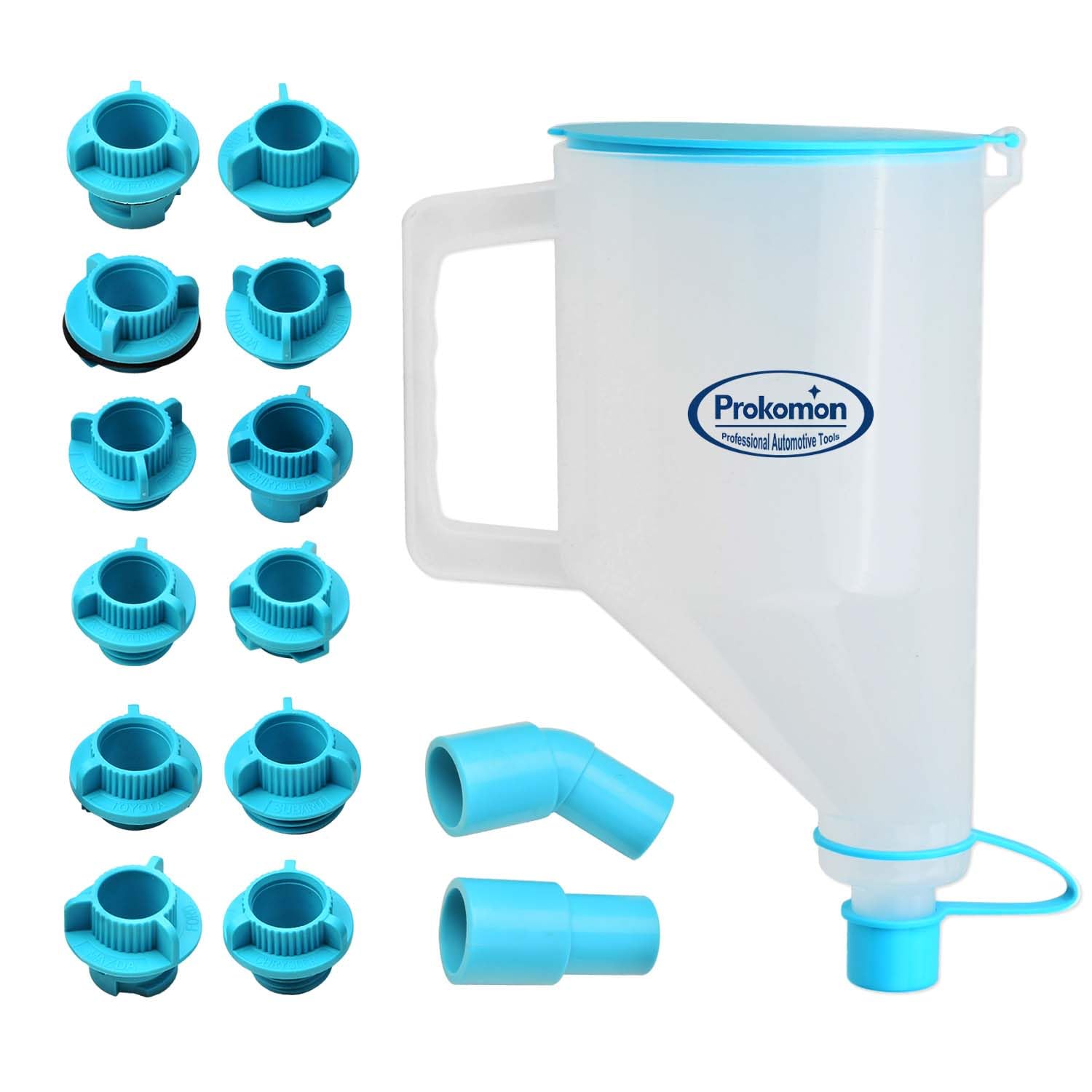 Prokomon oil funnel kit with 14 blue adapters for universal vehicle fit and precise pours.