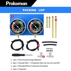 Dual gauge dial close-up on Prokomon carb synchronizer for accurate readings.