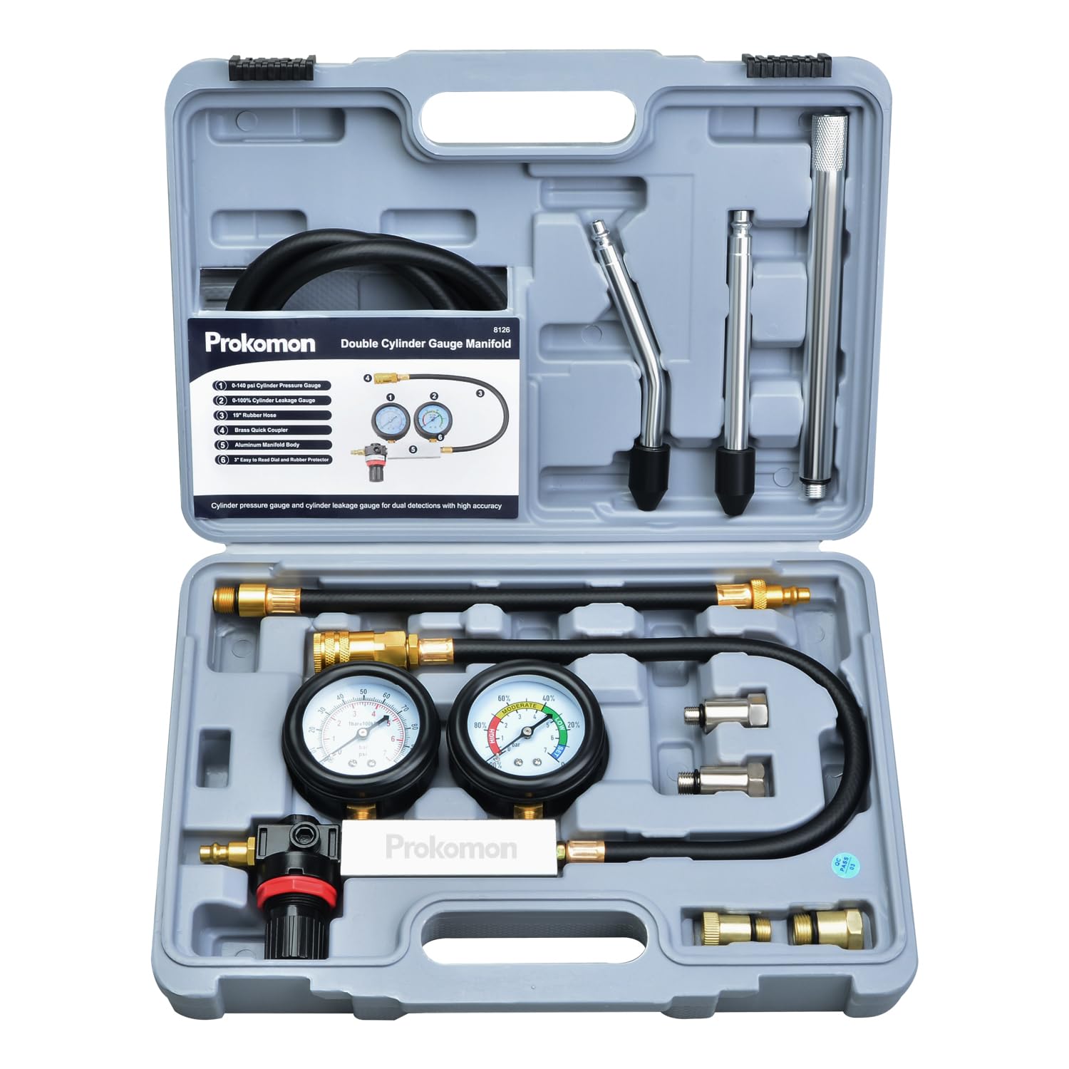 Prokomon engine cylinder leak-down tester kit dual gauge for quick diagnostics