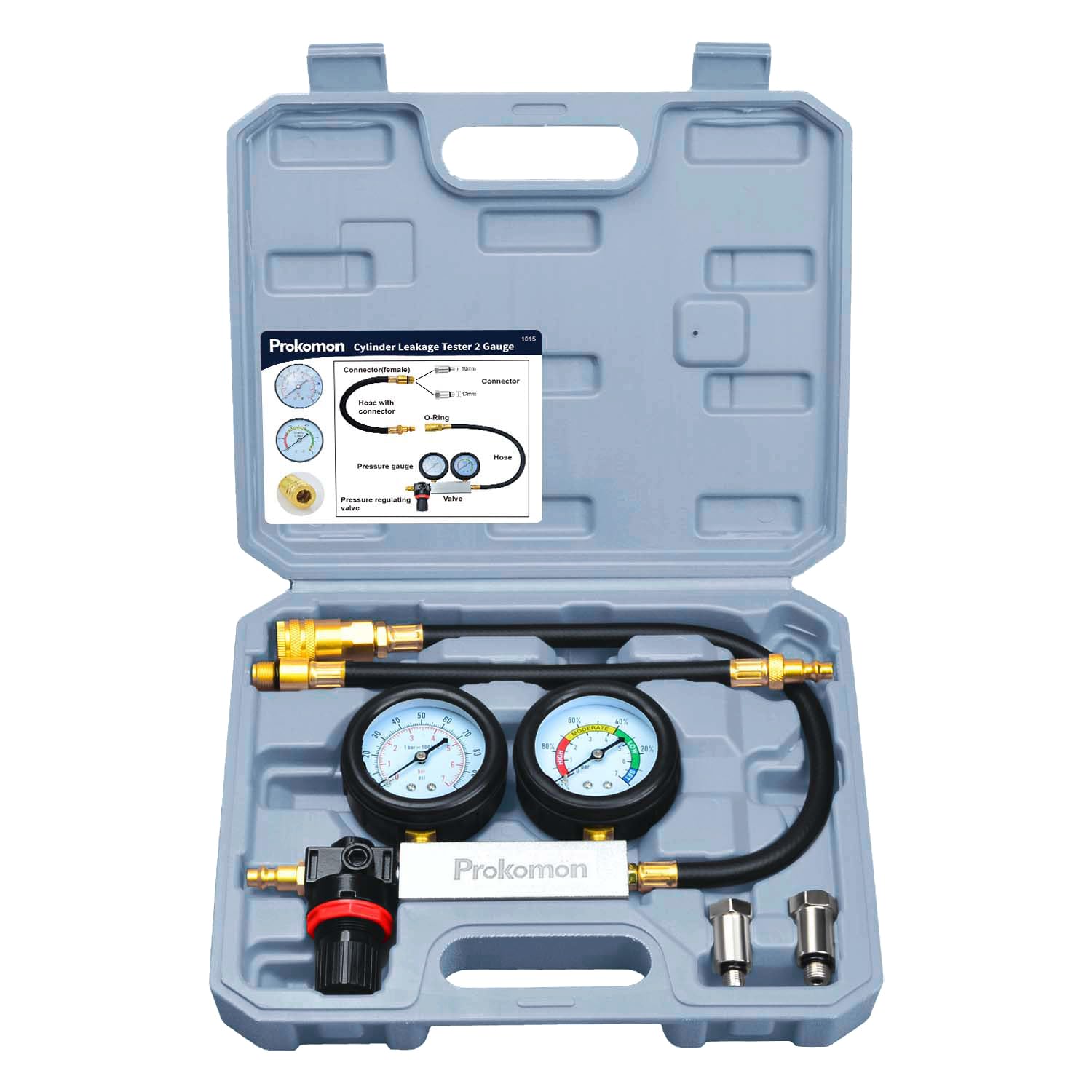 Prokomon Engine Cylinder Leak-Down Tester Kit front view with dual gauges for quick diagnosis.