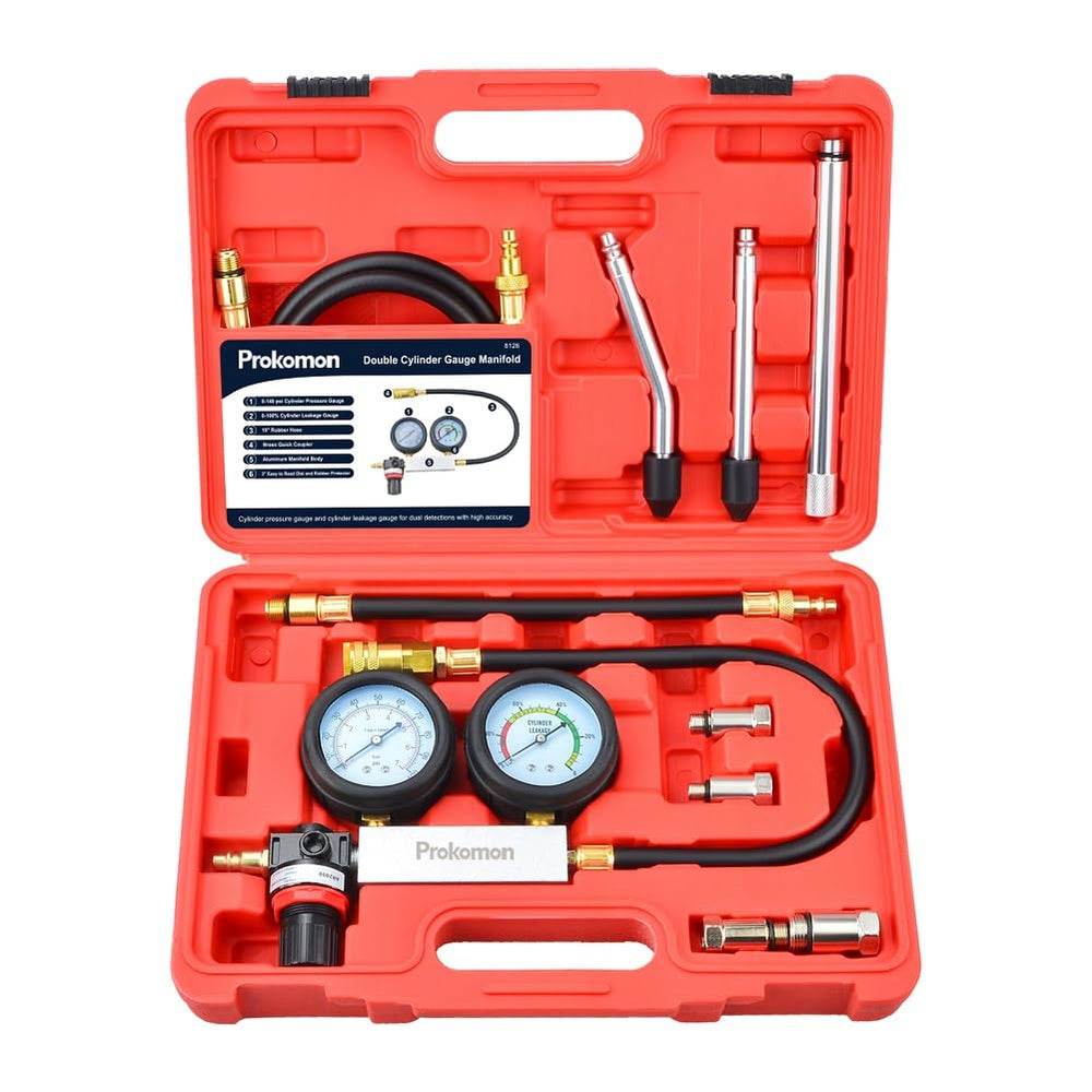 Prokomon engine cylinder leak-down tester kit front view for quick at-home diagnostics.