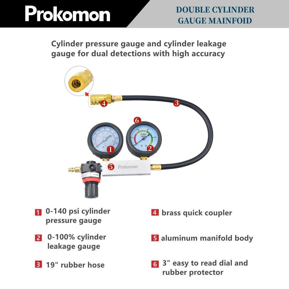 Prokomon dual-gauge leak-down tool showing pressure and leak rate.