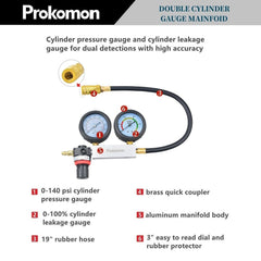 Prokomon dual-gauge leak-down tool showing pressure and leak rate.