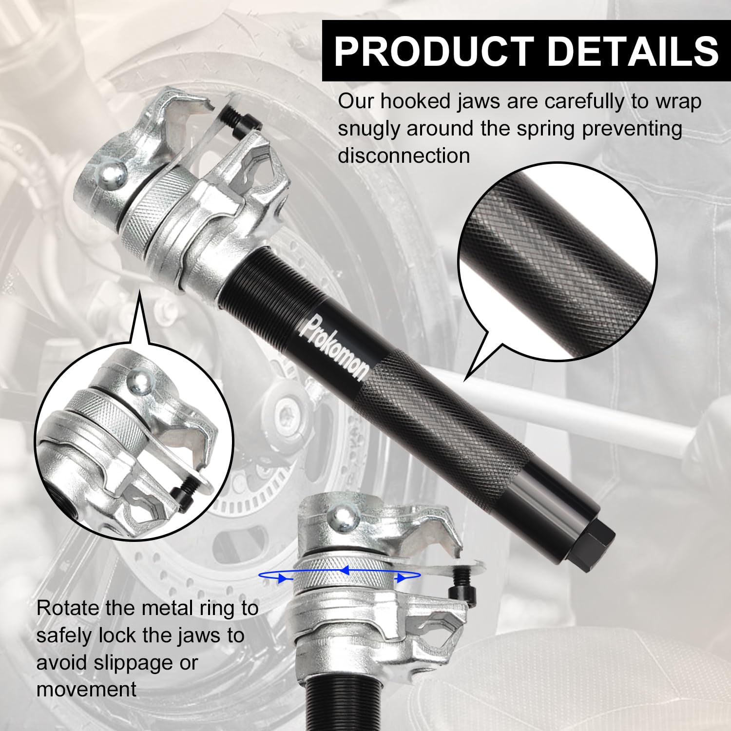 Jaws on Prokomon MacPherson strut compressor provide precise grip during compression.