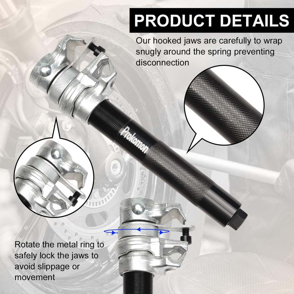 Jaws on Prokomon MacPherson strut compressor provide precise grip during compression.