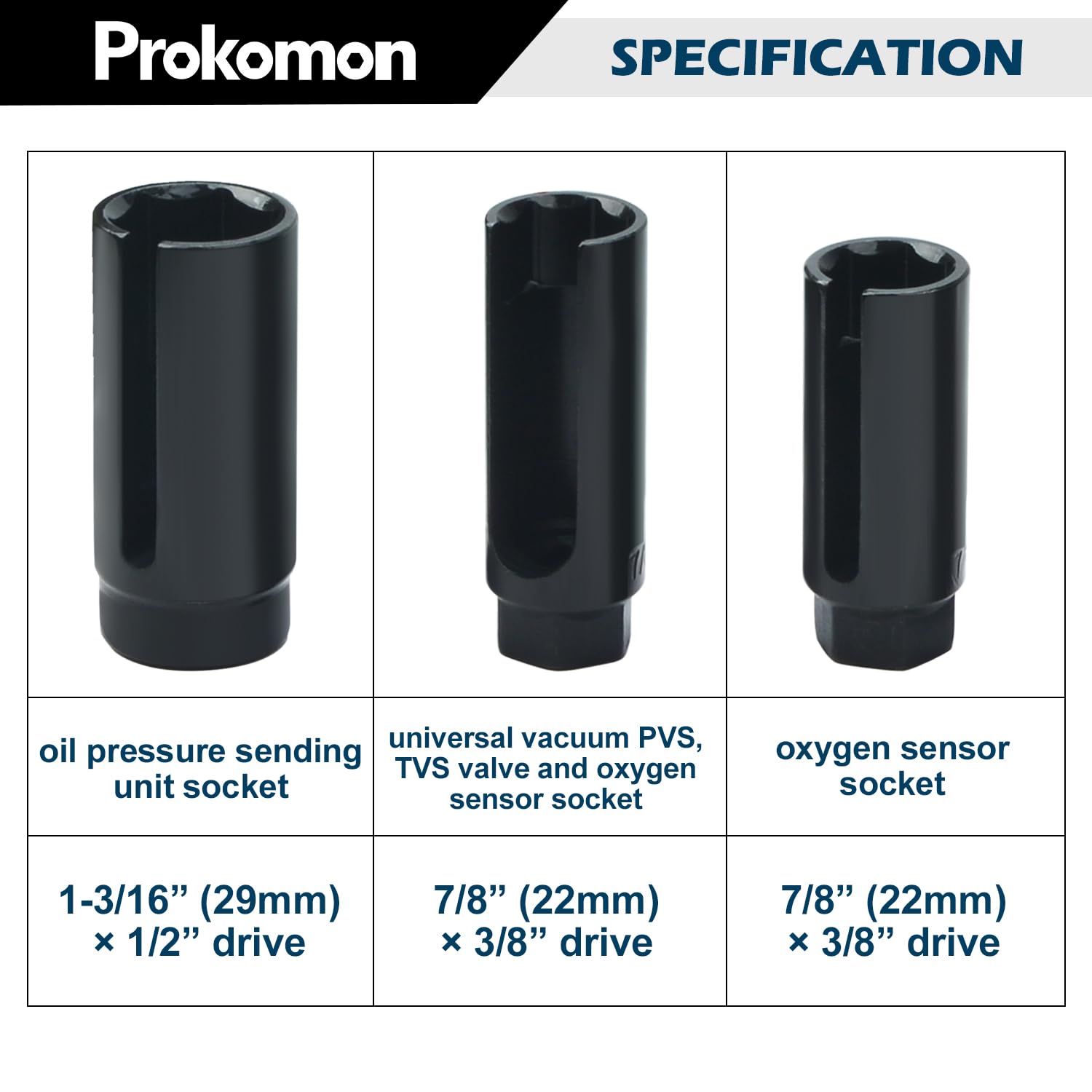 Prokomon O2 sensor socket with 22mm hex for broad vehicle compatibility.
