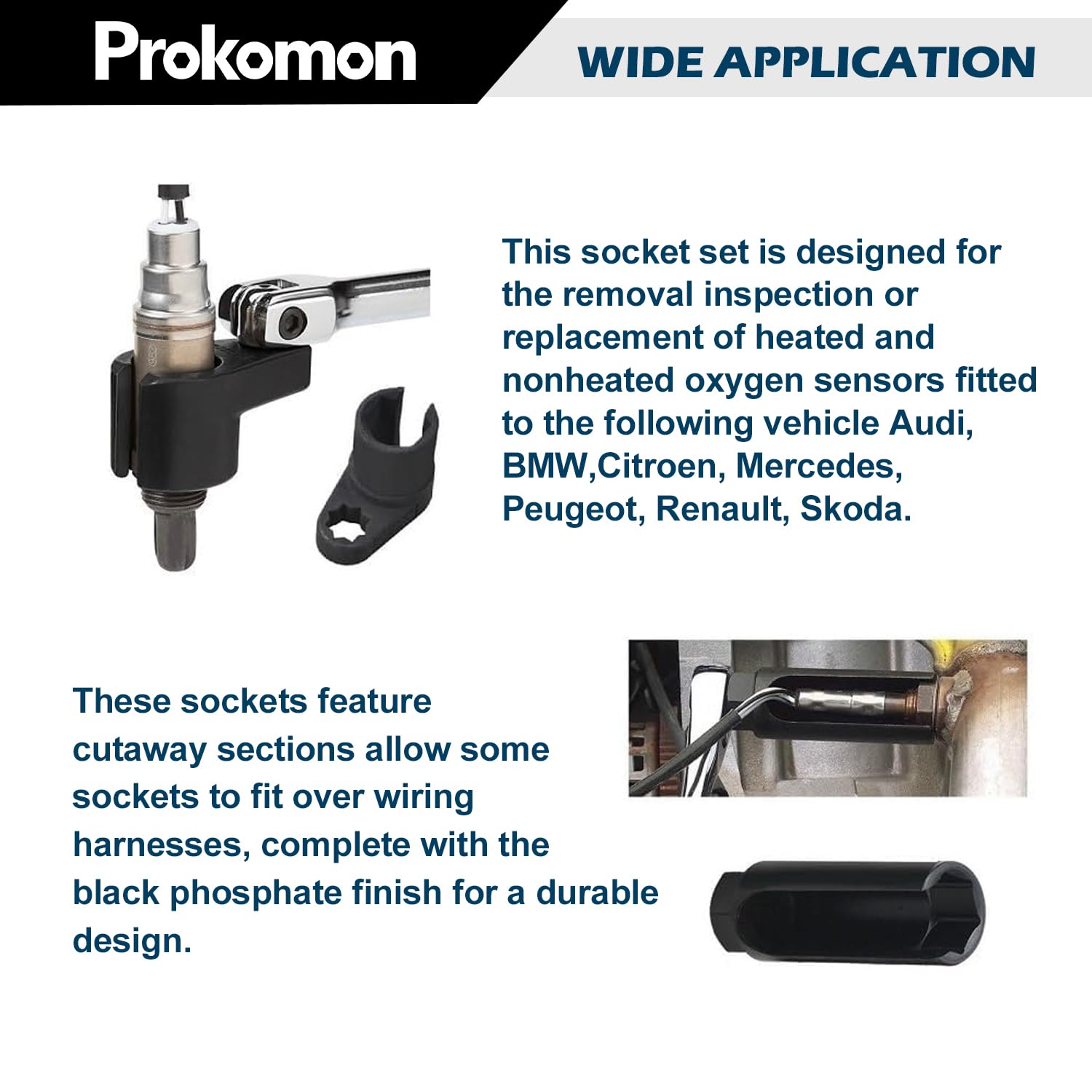 Prokomon oxygen sensor socket 3/8" drive compatible with common ratchets.