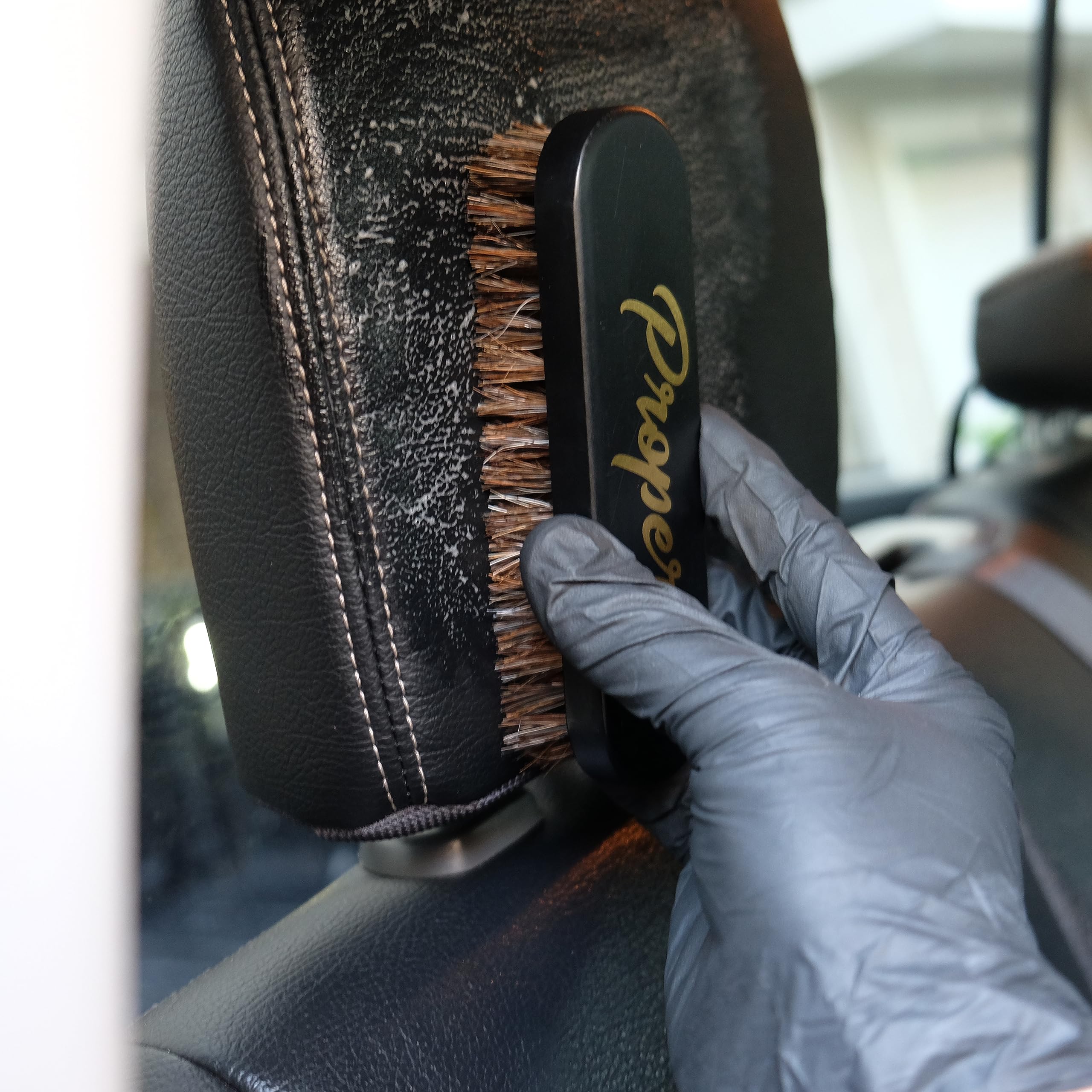 PROPER DETAILING CO. premium horsehair brush on car interior seats for scratch-free cleaning
