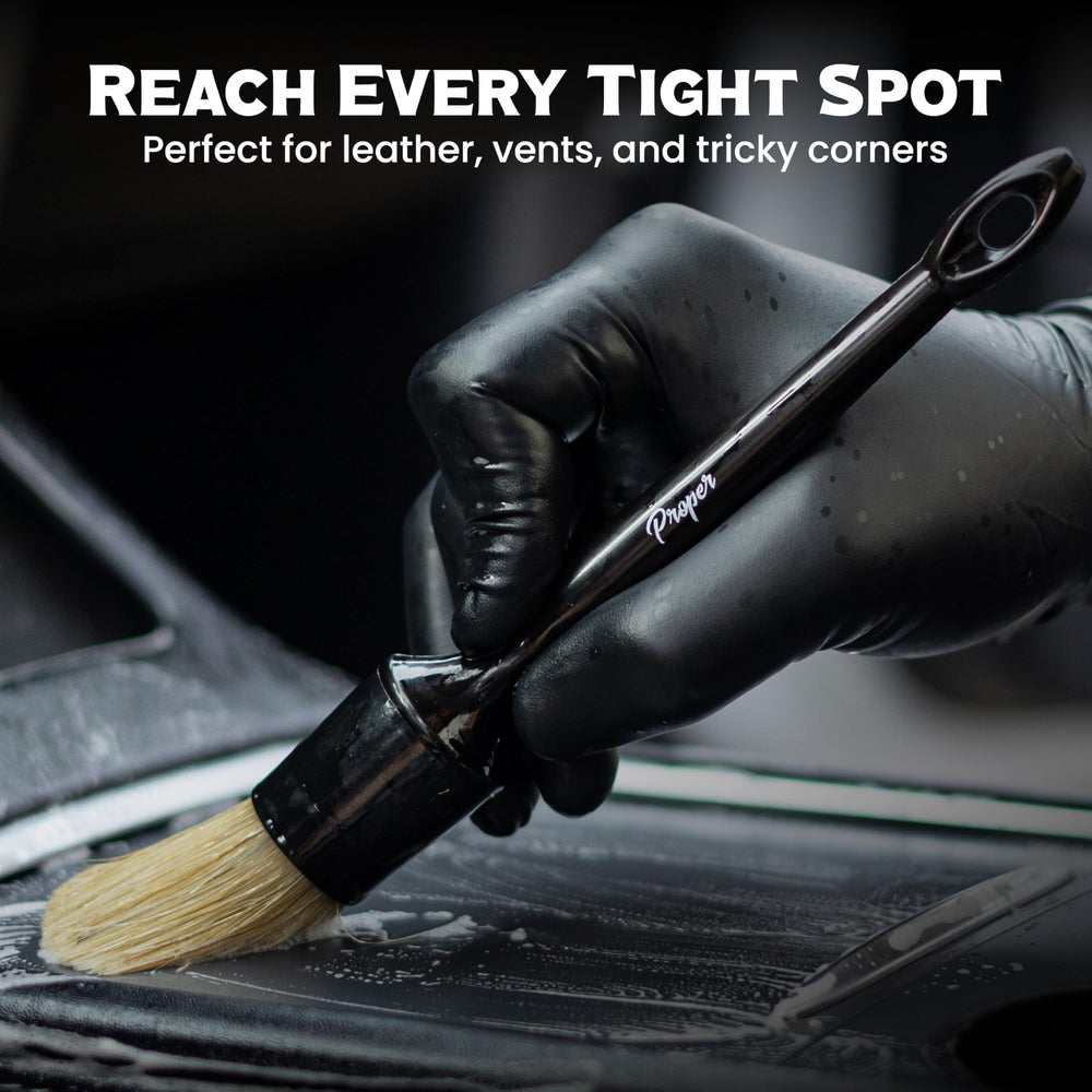 PROPER DETAILING CO. Synthetic brush close-up for exterior paint, wheels, and emblems detailing.