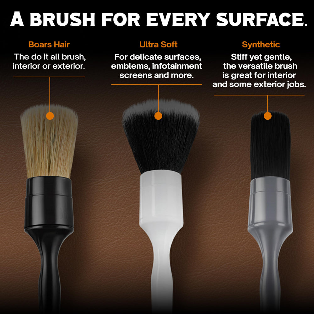 PROPER DETAILING CO. Ultra-soft brush close-up for gentle fabric and dashboard detailing.