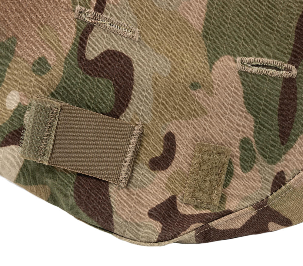 Propper helmet cover shows camouflage buttonholes for natural blending.