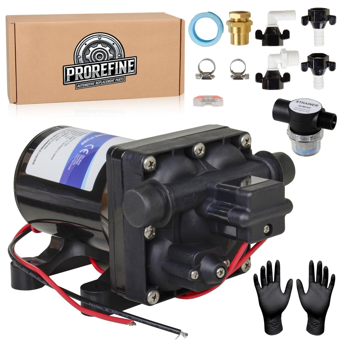 ProRefine RV water pump assembly shows direct replacement compatibility for campers.