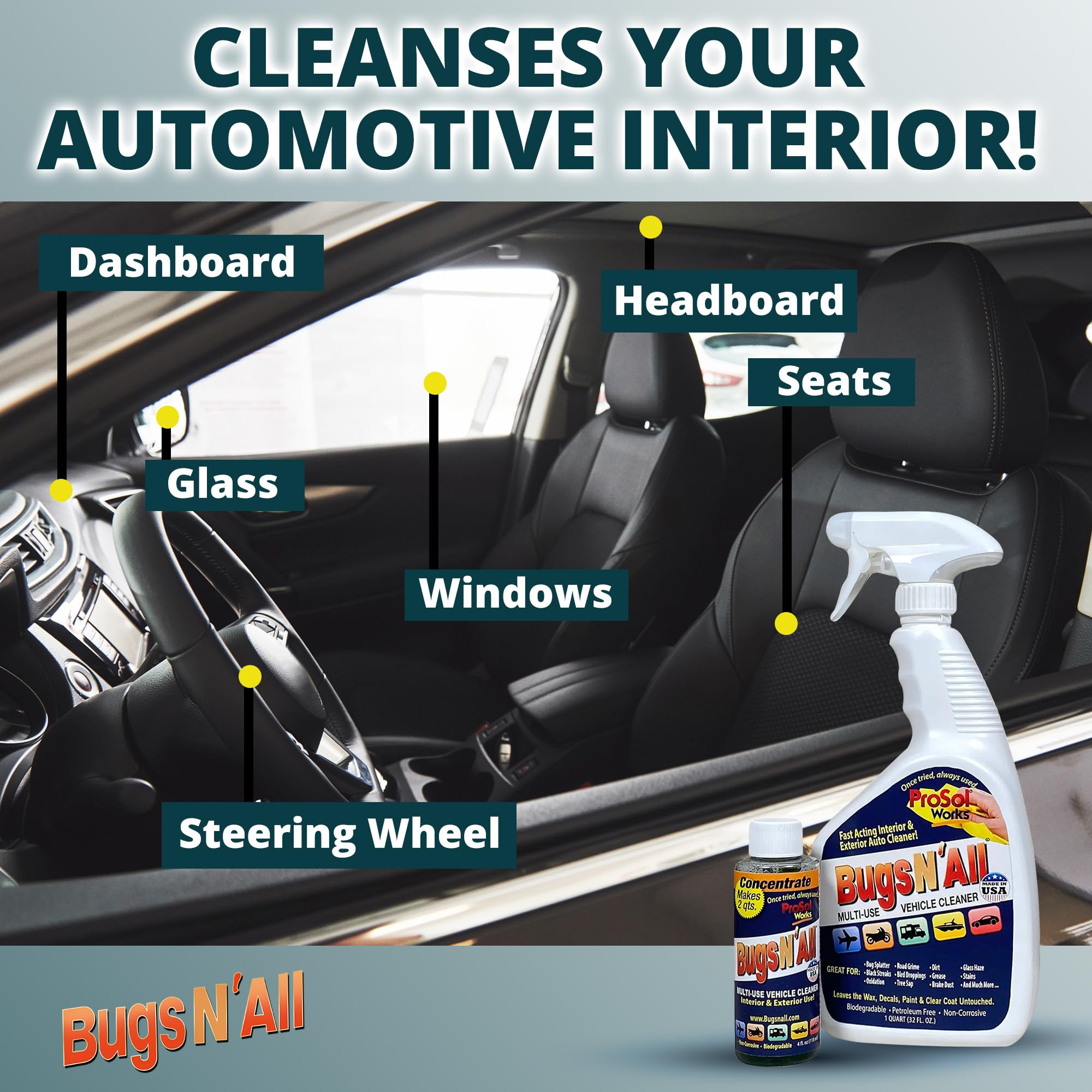 PROSOL WORKS Bugs N’ All bug-tar-remover-action shown on a car surface.