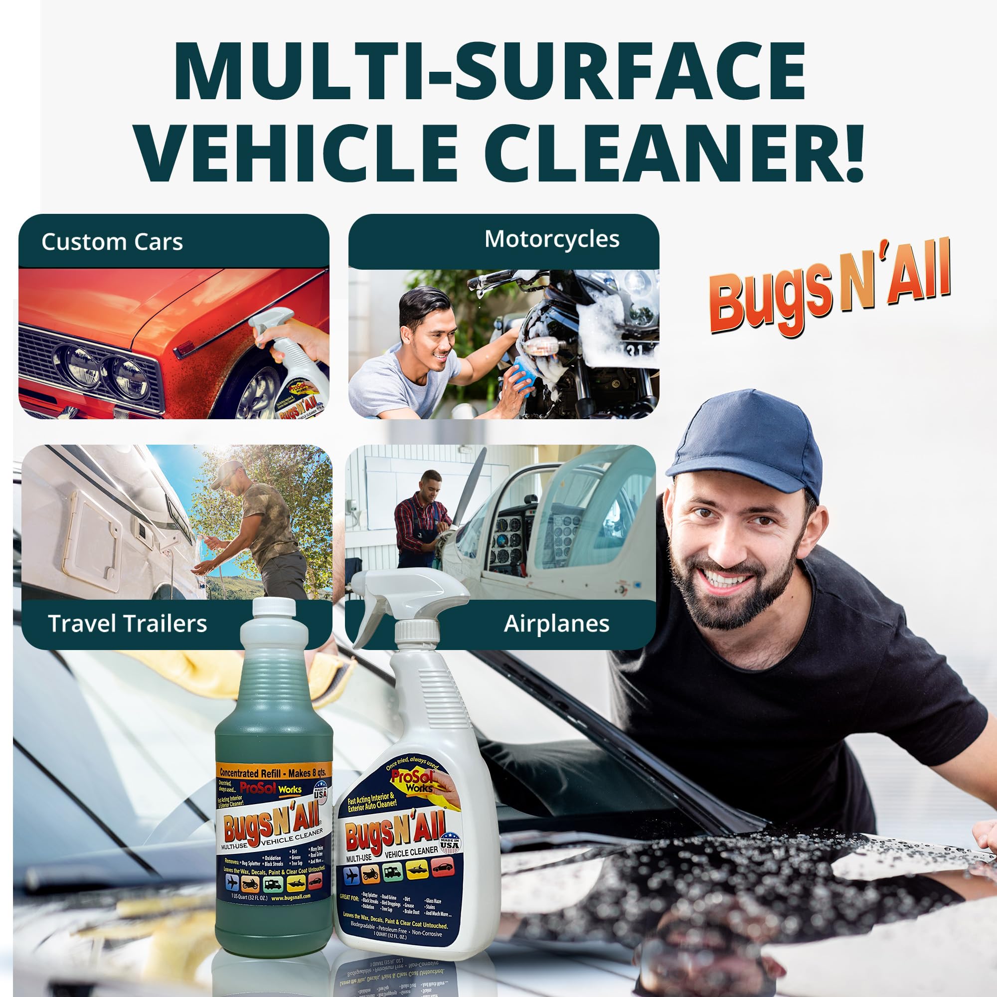 PROSOL WORKS Bugs N’ All spray bottle in use on a car hood for easy application.