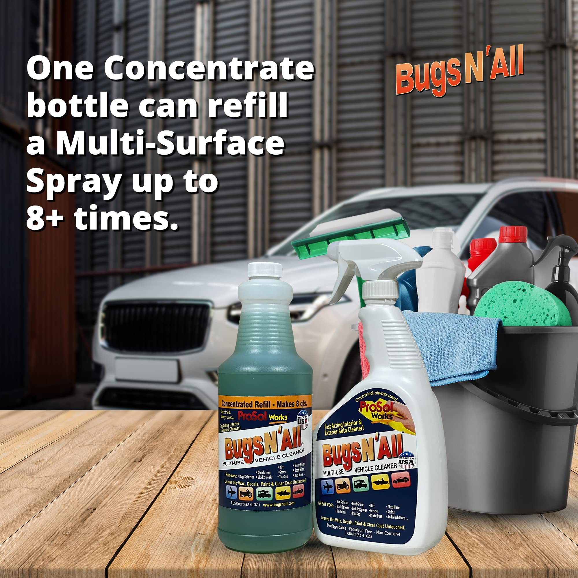 PROSOL WORKS Bugs N’ All exterior cleaner removes grime on car and RV surfaces.