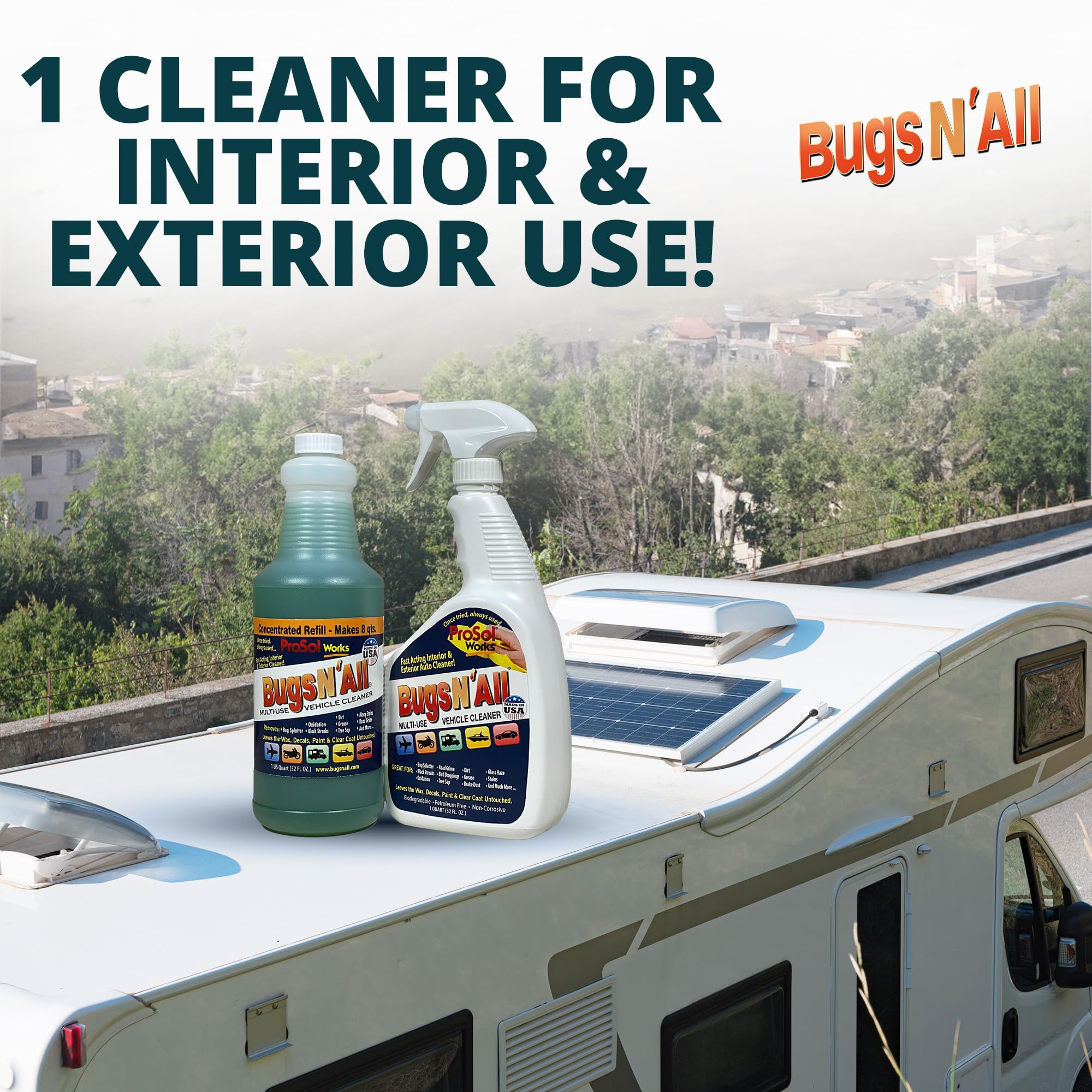 PROSOL WORKS Bugs N’ All cleaner used on windows and mirrors for streak-free clarity.