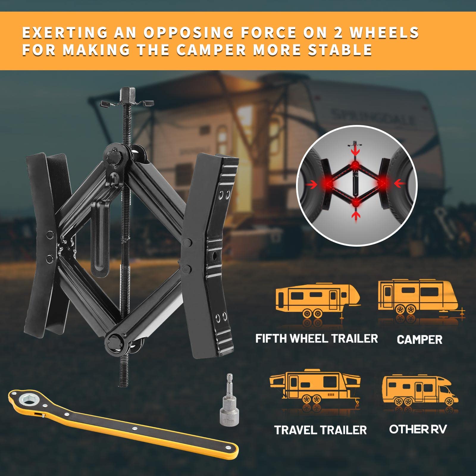 Proud Panda Wheel Chock Stabilizers pack includes crank and socket.