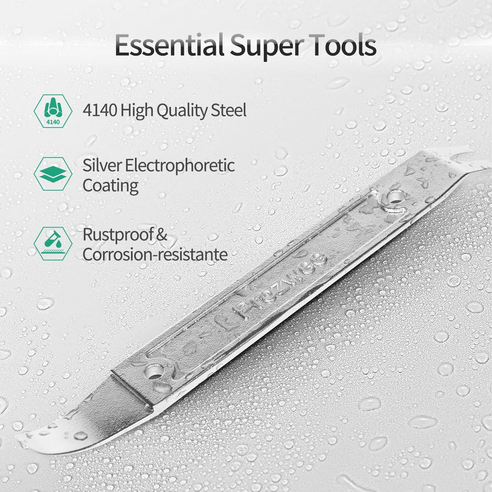 Prozwee 4140 steel multifunction pry bar tip shown in interior panel removal