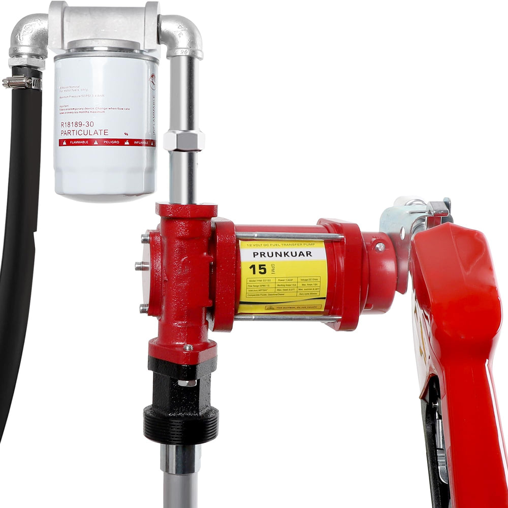 PRUNkuar 15GPM 12V fuel pump close-up highlighting high flow capability for quick transfers