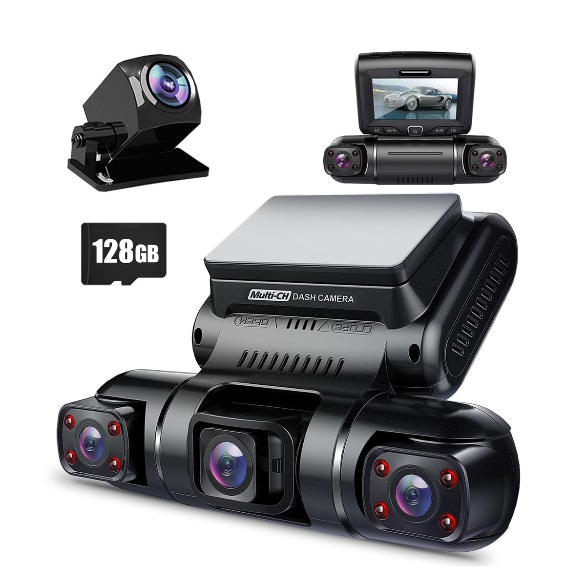 PRUVEEO front dash cam unit shown mounted, demonstrates full frontal coverage and quick installation
