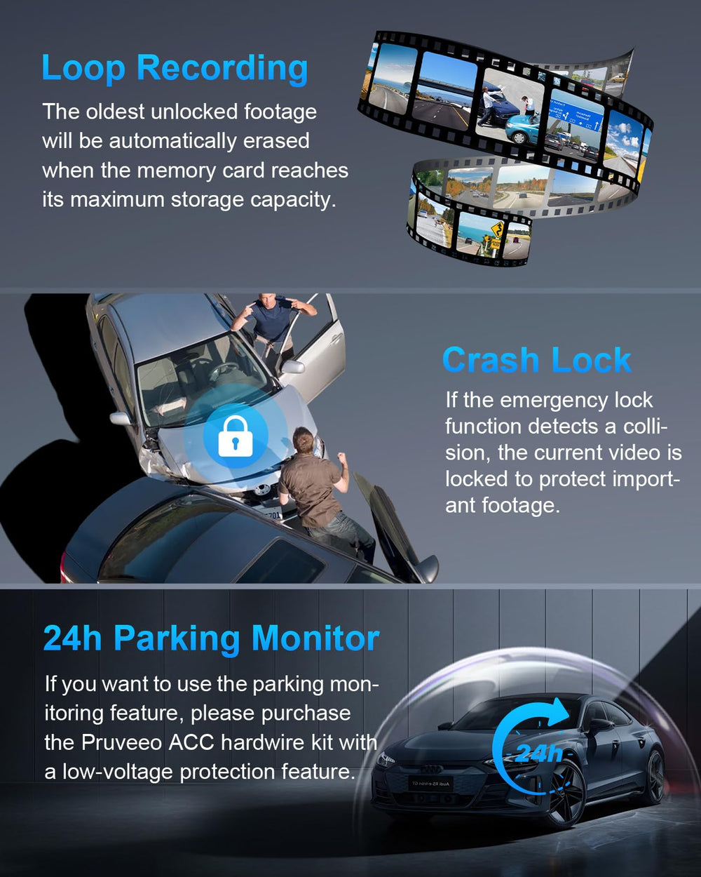 PRUVEEO system installed on car dashboard illustrating complete multi-camera coverage benefit