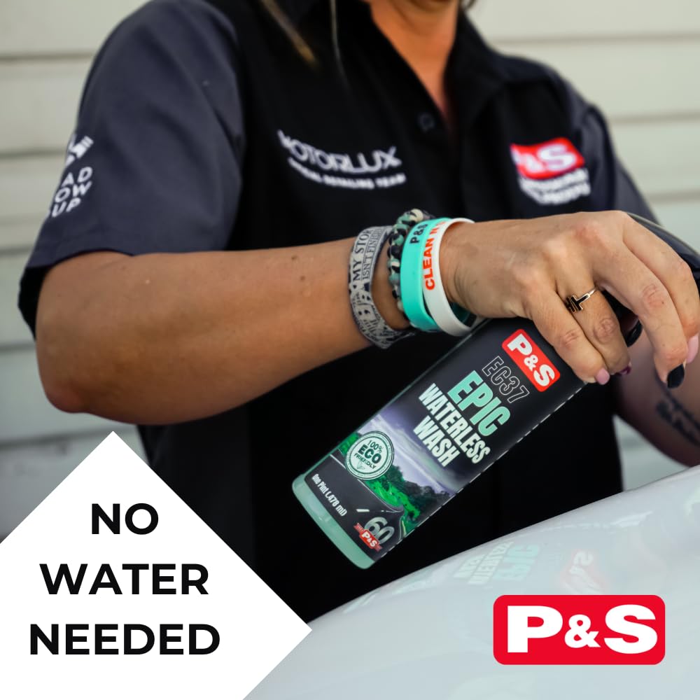 P&S Epic Waterless Wash applied on car panel for streak-free shine.