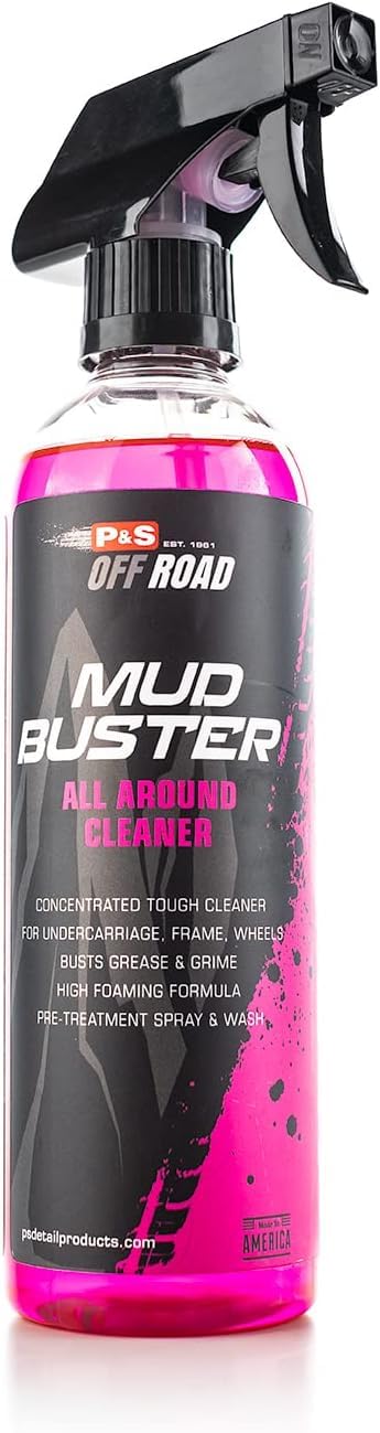 P S Mud Buster bottle ready for heavy duty undercarriage cleaning