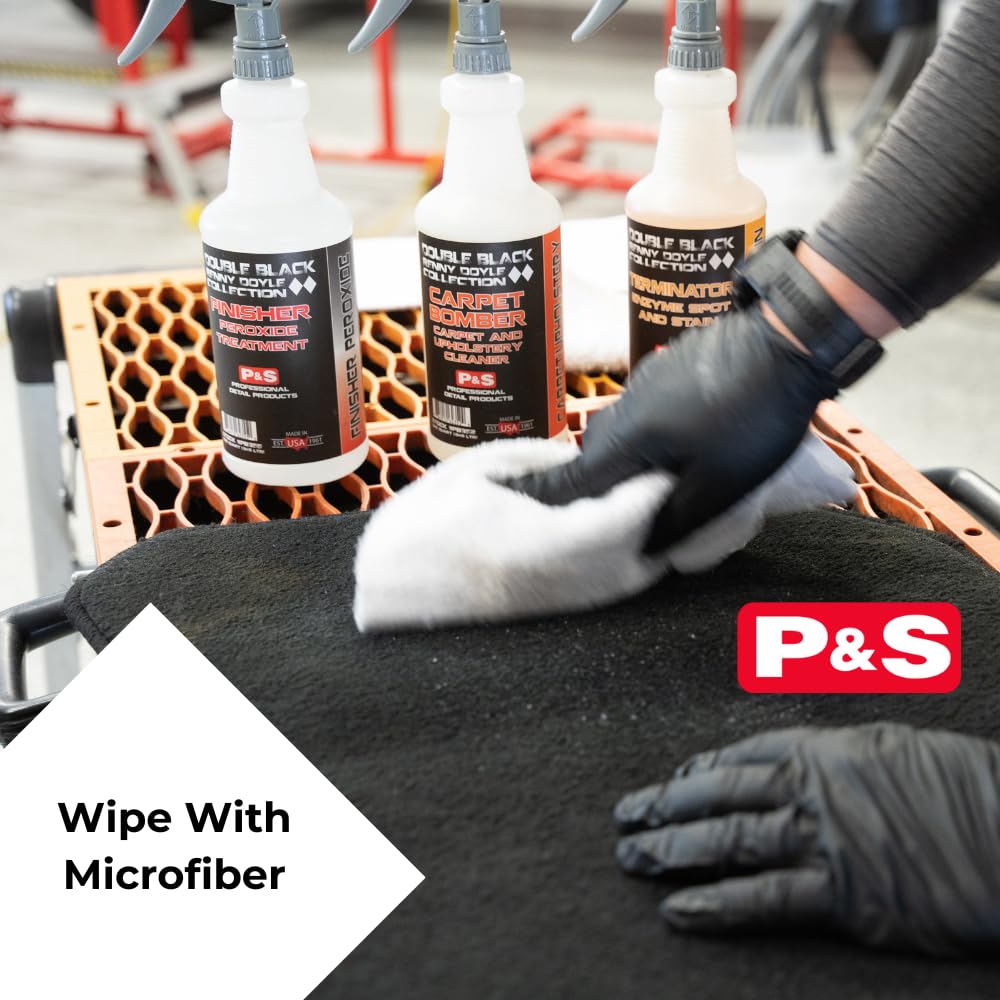 P&S Finisher label close-up highlighting safe, residue-free cleaning