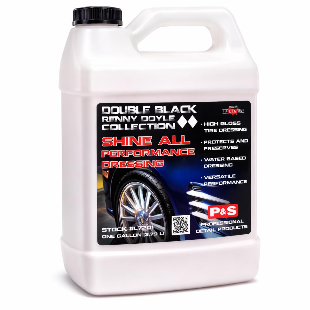 P&S Shine All bottle closeup shows high-gloss finish for tires and trim.